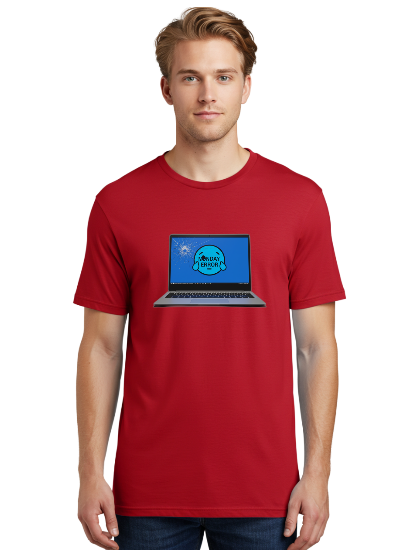 Monday-Error-10 Men'S Graphic Tee, 100% Cotton, Comfortable Casual Summer Wear, Machine Washable, Laptop Screen, Error Message, Monday Blues, Broken Computer, Tech Issue, System Failure, Sad Face, Cracked Screen, Digital Glitch Bae520