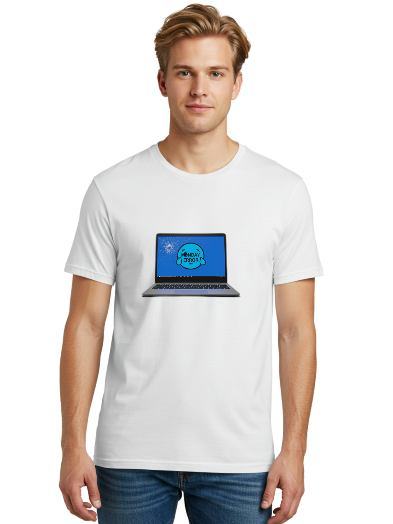 Monday-Error-10 Men'S Graphic Tee, 100% Cotton, Comfortable Casual Summer Wear, Machine Washable, Laptop Screen, Error Message, Monday Blues, Broken Computer, Tech Issue, System Failure, Sad Face, Cracked Screen, Digital Glitch Bae520