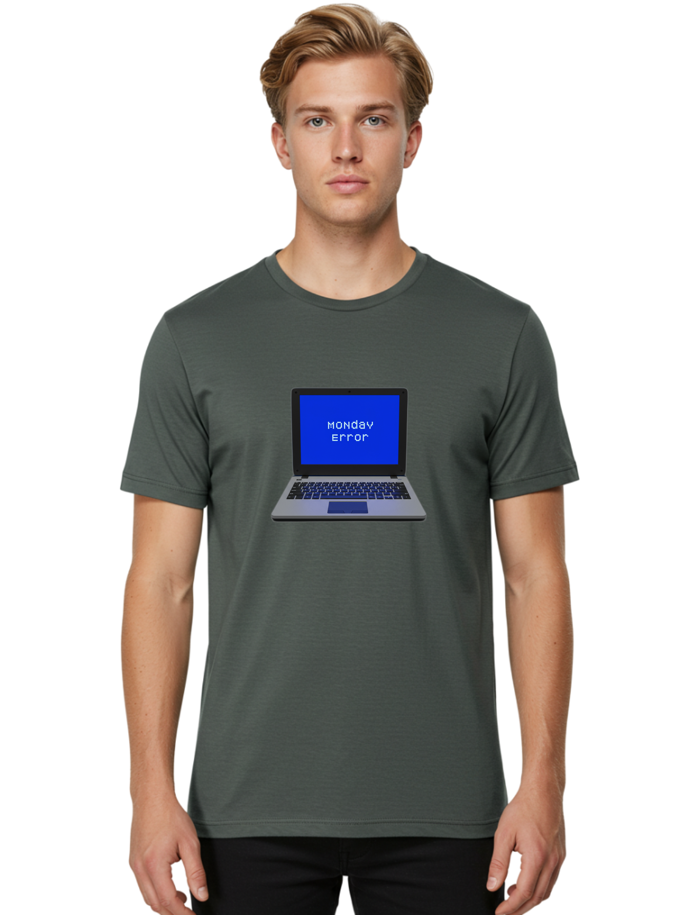 Monday-Error-2 Men'S Graphic Tee, 100% Cotton, Comfortable Casual Summer Wear, Machine Washable, Laptop With Error Message, Monday Blues, Work Stress, Computer Glitch, System Failure, Monday Morning Motivation, Productivity Issues Bae521