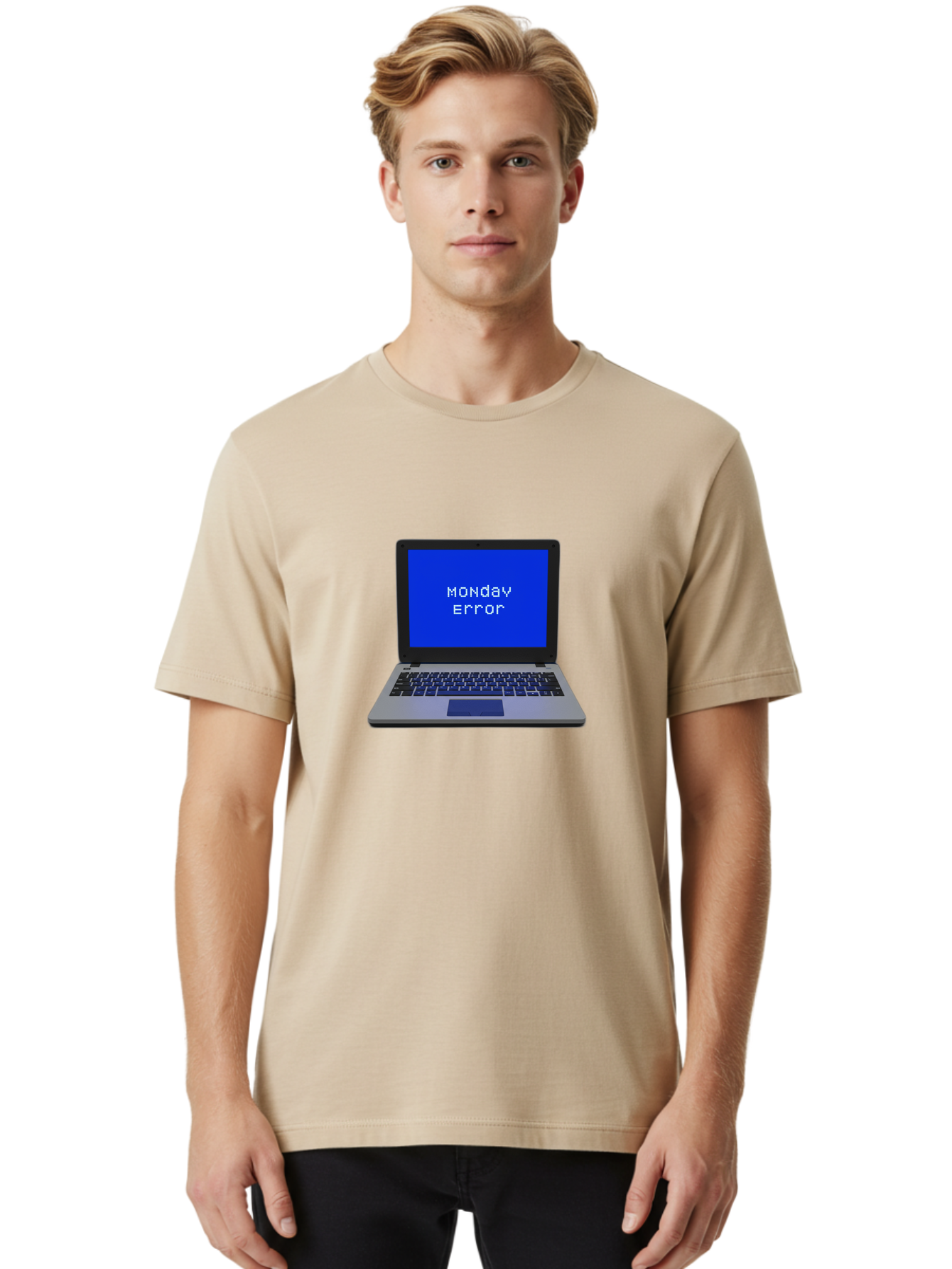 Monday-Error-2 Men'S Graphic Tee, 100% Cotton, Comfortable Casual Summer Wear, Machine Washable, Laptop With Error Message, Monday Blues, Work Stress, Computer Glitch, System Failure, Monday Morning Motivation, Productivity Issues Bae521