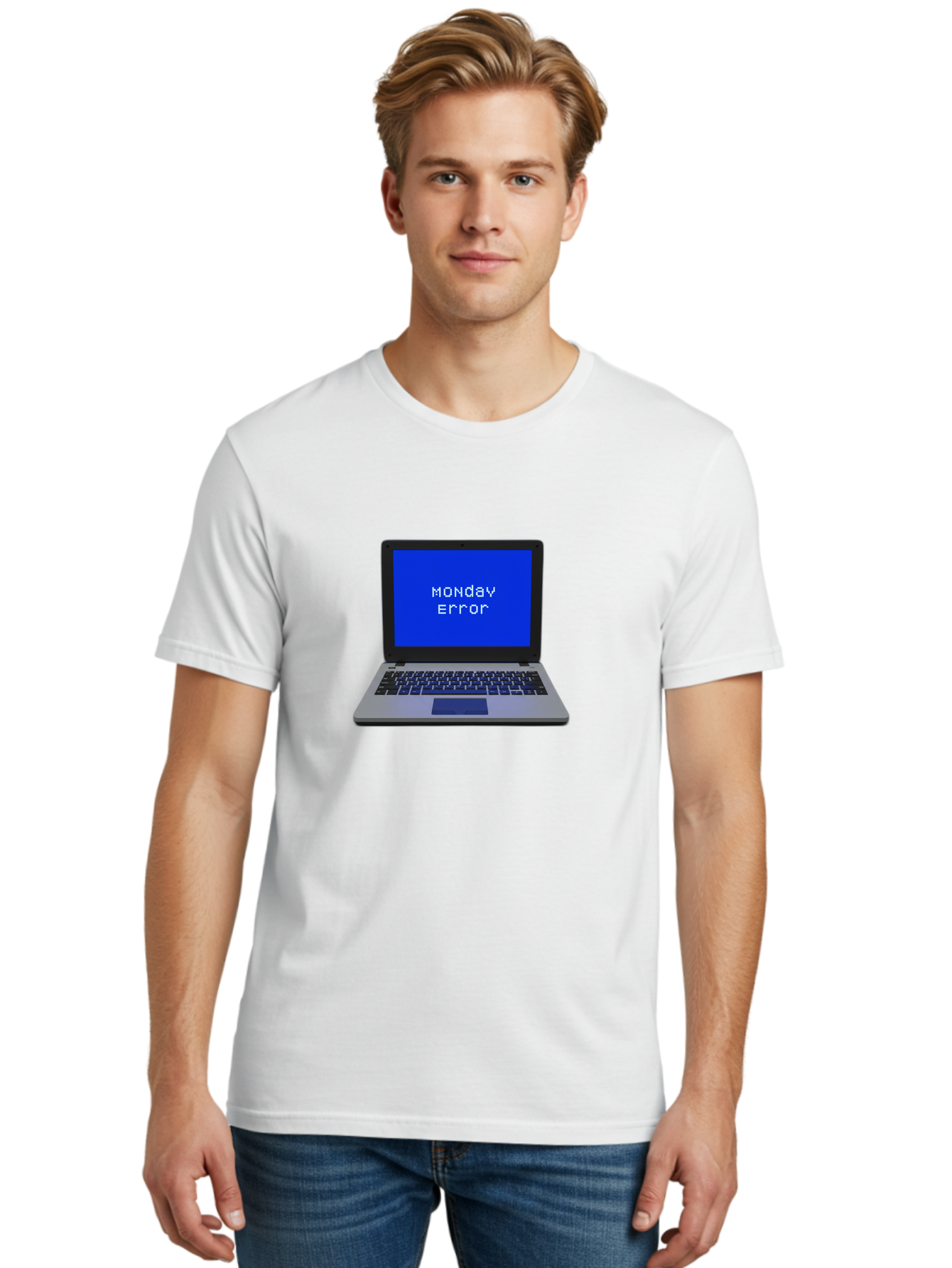 Monday-Error-2 Men'S Graphic Tee, 100% Cotton, Comfortable Casual Summer Wear, Machine Washable, Laptop With Error Message, Monday Blues, Work Stress, Computer Glitch, System Failure, Monday Morning Motivation, Productivity Issues Bae521