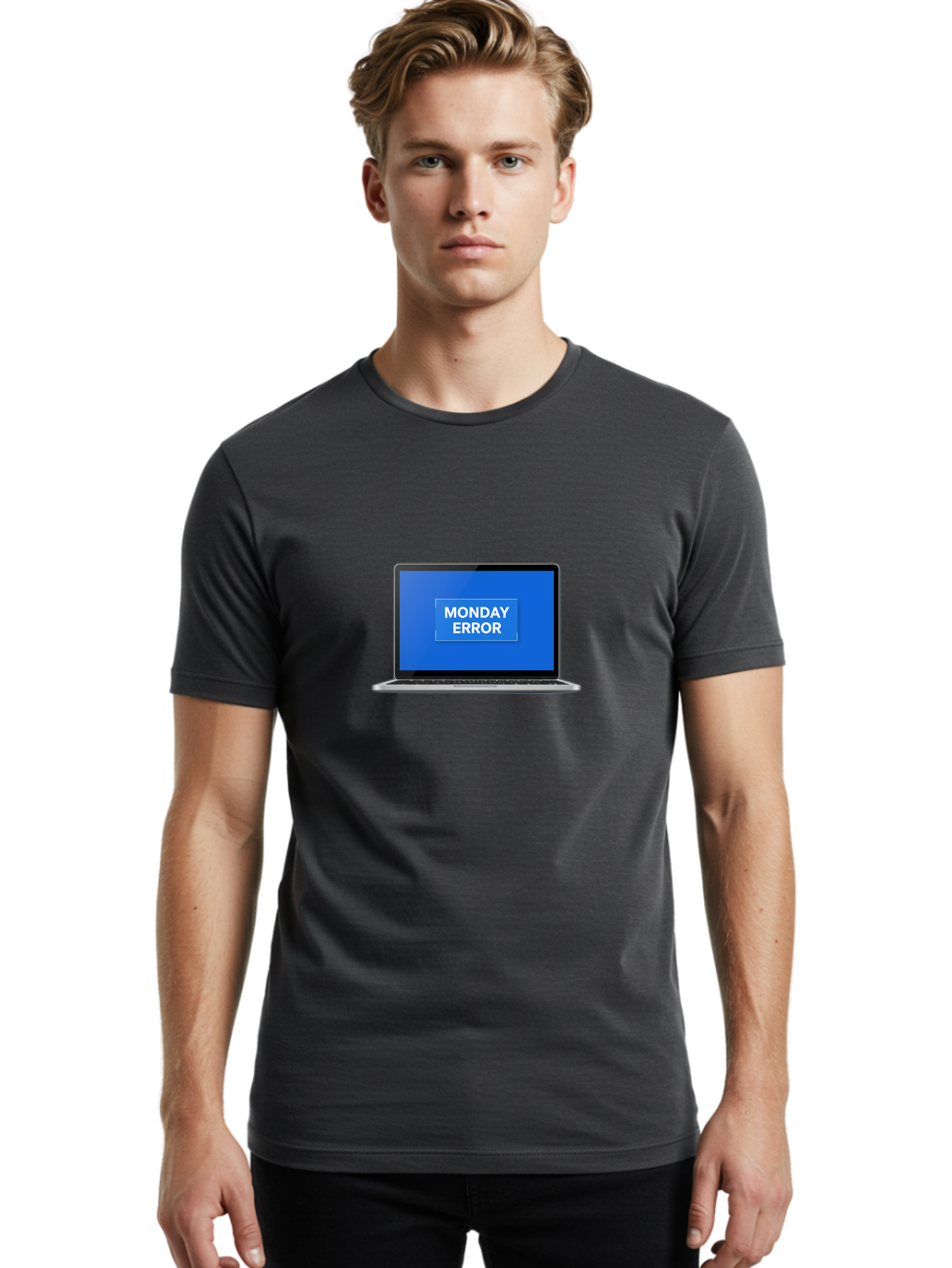 Monday-Error-6 Men'S Graphic Tee, 100% Cotton, Comfortable Casual Summer Wear, Machine Washable, Laptop Screen, Monday Error Message, Error Alert, Blue Screen, Glitch, Malfunction, White Text, Tech Issue Bae525