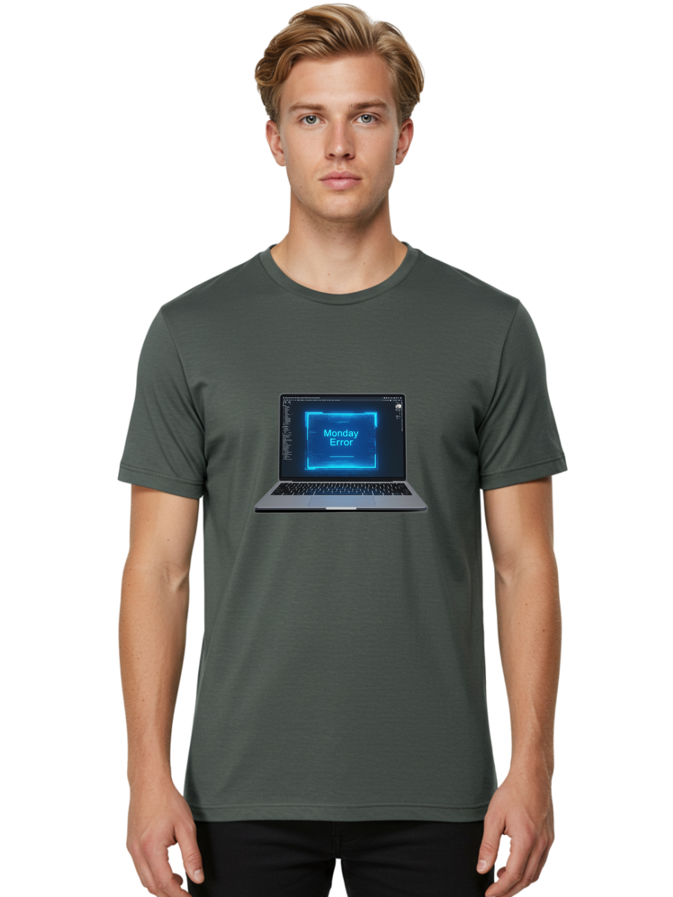 Monday-Error-7 Men'S Graphic Tee, 100% Cotton, Comfortable Casual Summer Wear, Machine Washable, Laptop Screen, Error Message, Monday Error, System Failure, Glitchy Display, Blue Neon Light, Coding Software, Debugging, Tech Issue, Bae526