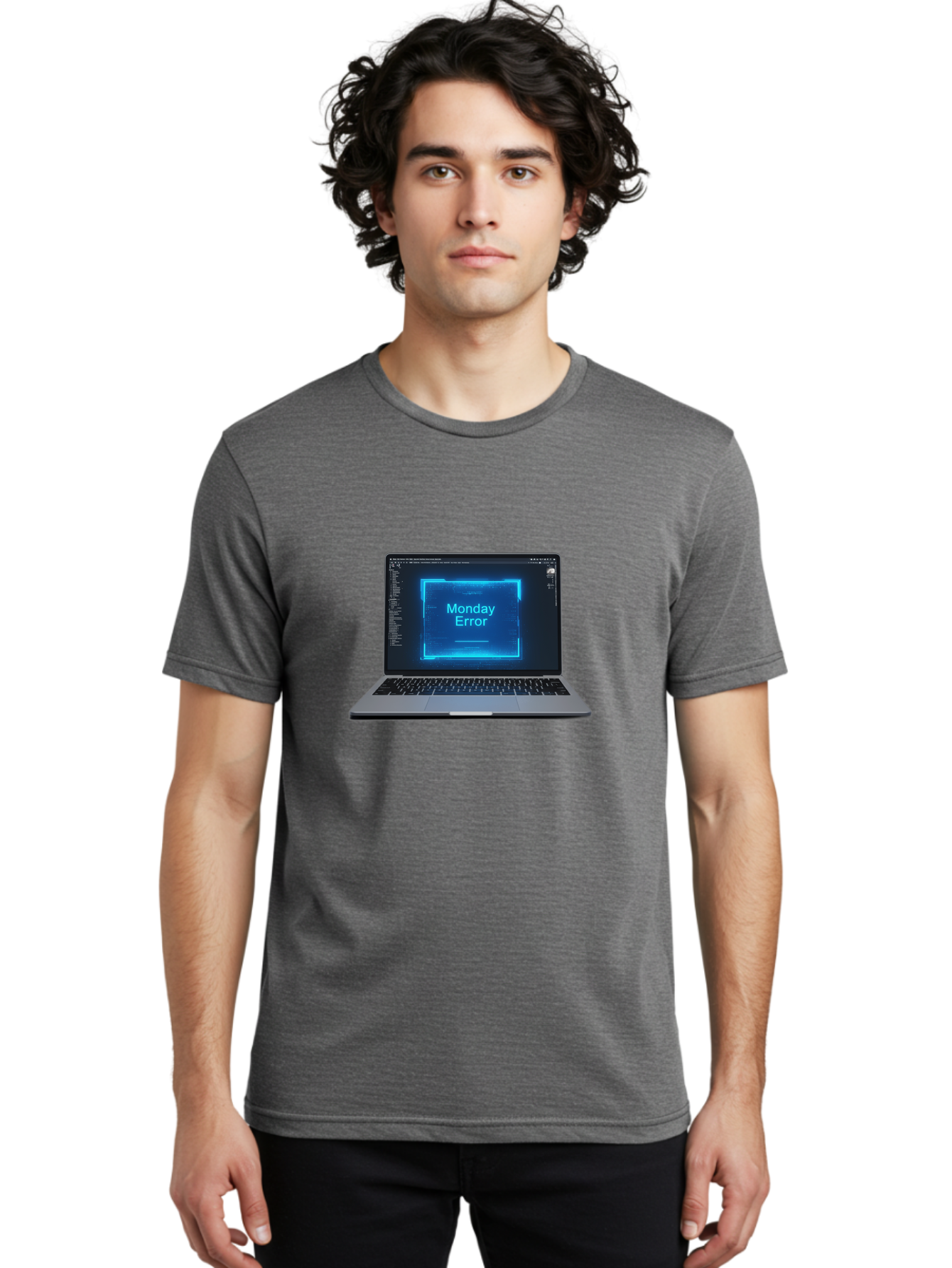 Monday-Error-7 Men'S Graphic Tee, 100% Cotton, Comfortable Casual Summer Wear, Machine Washable, Laptop Screen, Error Message, Monday Error, System Failure, Glitchy Display, Blue Neon Light, Coding Software, Debugging, Tech Issue, Bae526