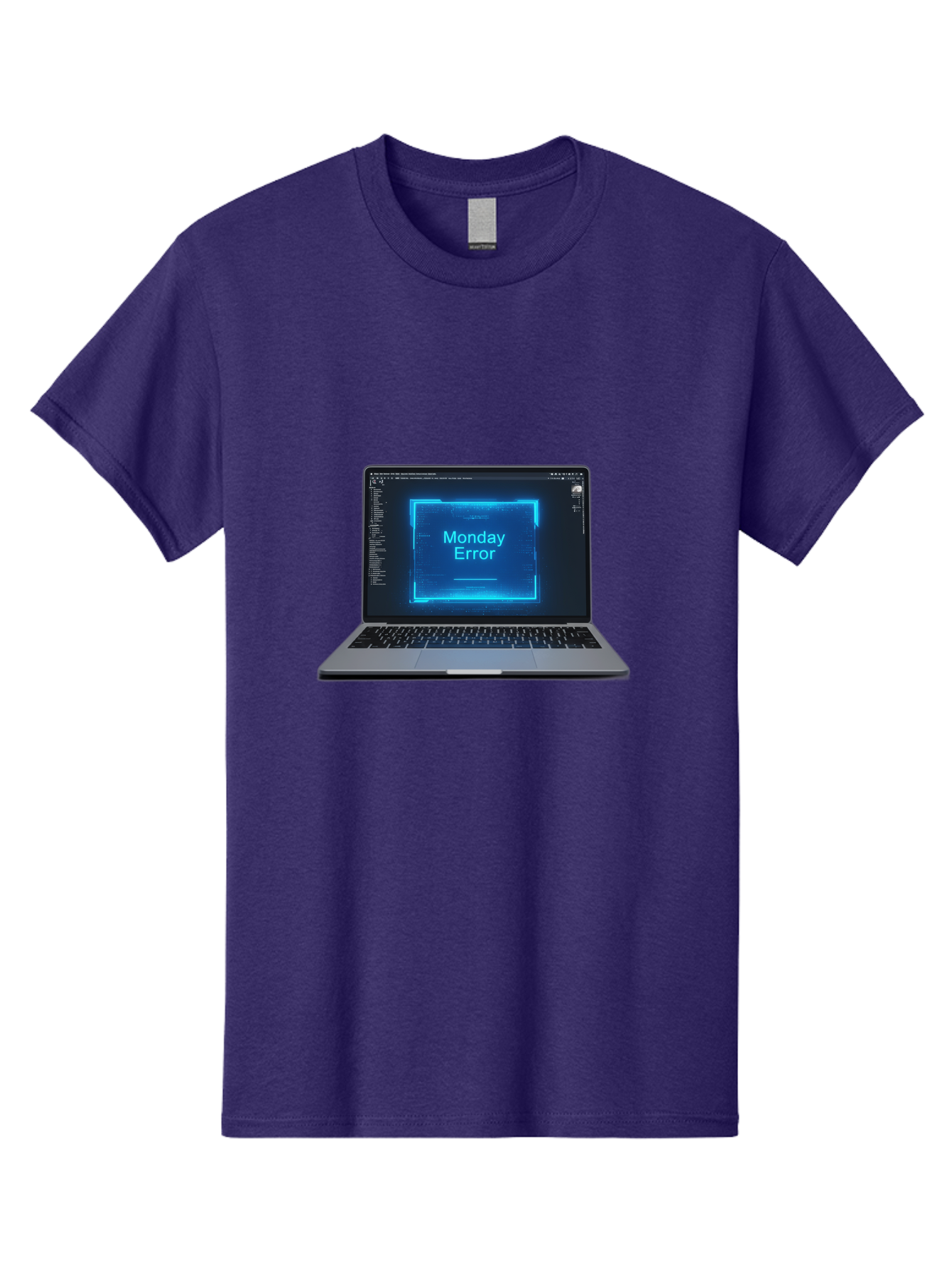 Monday-Error-7 Men'S Graphic Tee, 100% Cotton, Comfortable Casual Summer Wear, Machine Washable, Laptop Screen, Error Message, Monday Error, System Failure, Glitchy Display, Blue Neon Light, Coding Software, Debugging, Tech Issue, Bae526