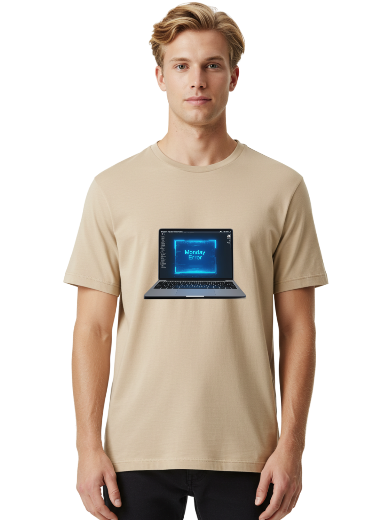 Monday-Error-7 Men'S Graphic Tee, 100% Cotton, Comfortable Casual Summer Wear, Machine Washable, Laptop Screen, Error Message, Monday Error, System Failure, Glitchy Display, Blue Neon Light, Coding Software, Debugging, Tech Issue, Bae526
