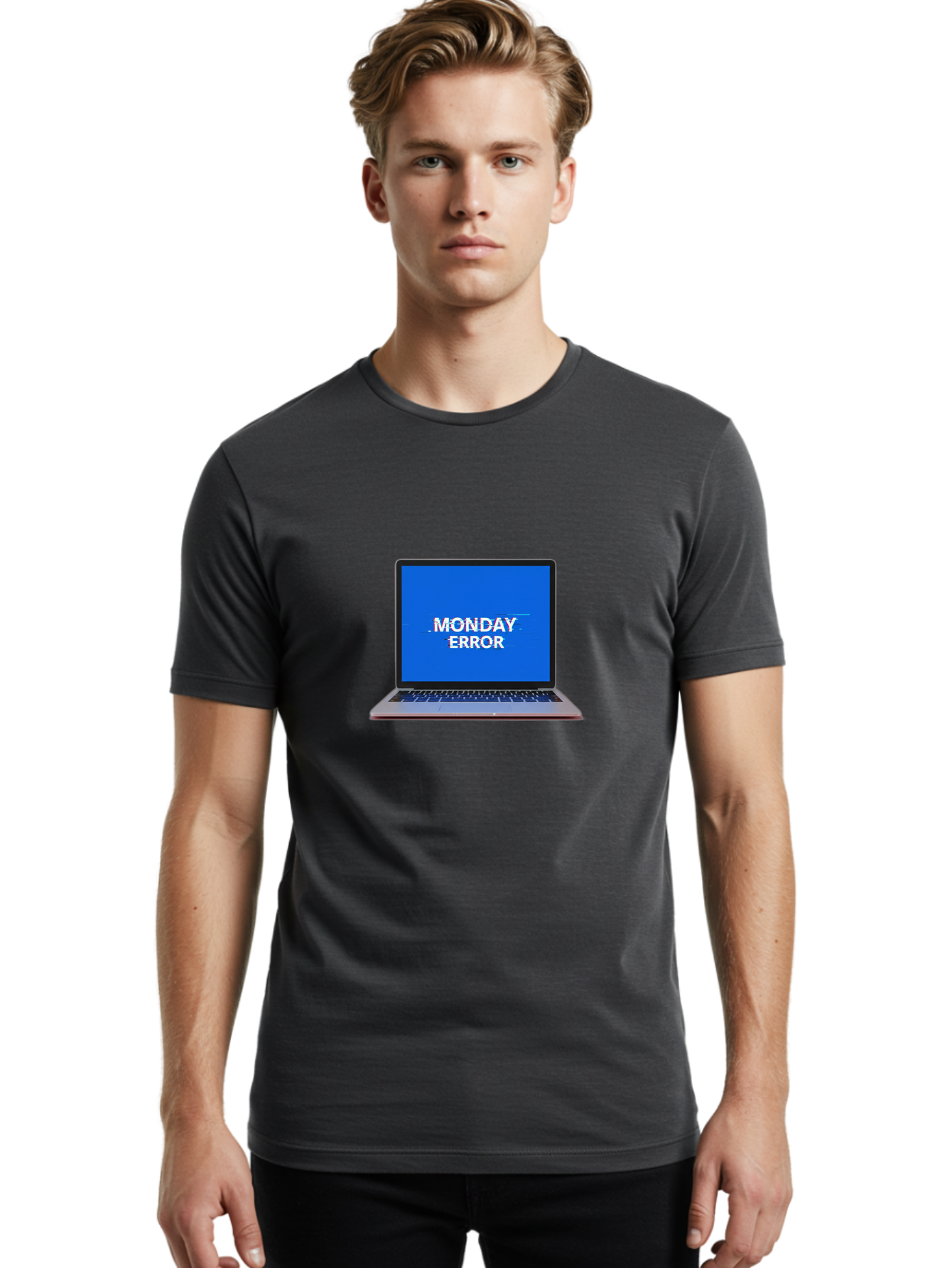 Monday-Error-9 Men'S Graphic Tee, 100% Cotton, Comfortable Casual Summer Wear, Machine Washable, Laptop Screen Displaying Monday Error Message, Computer Error, Malfunctioning Computer, Glitchy Screen, Blue Screen Of Death, Tech Issues, Bae528