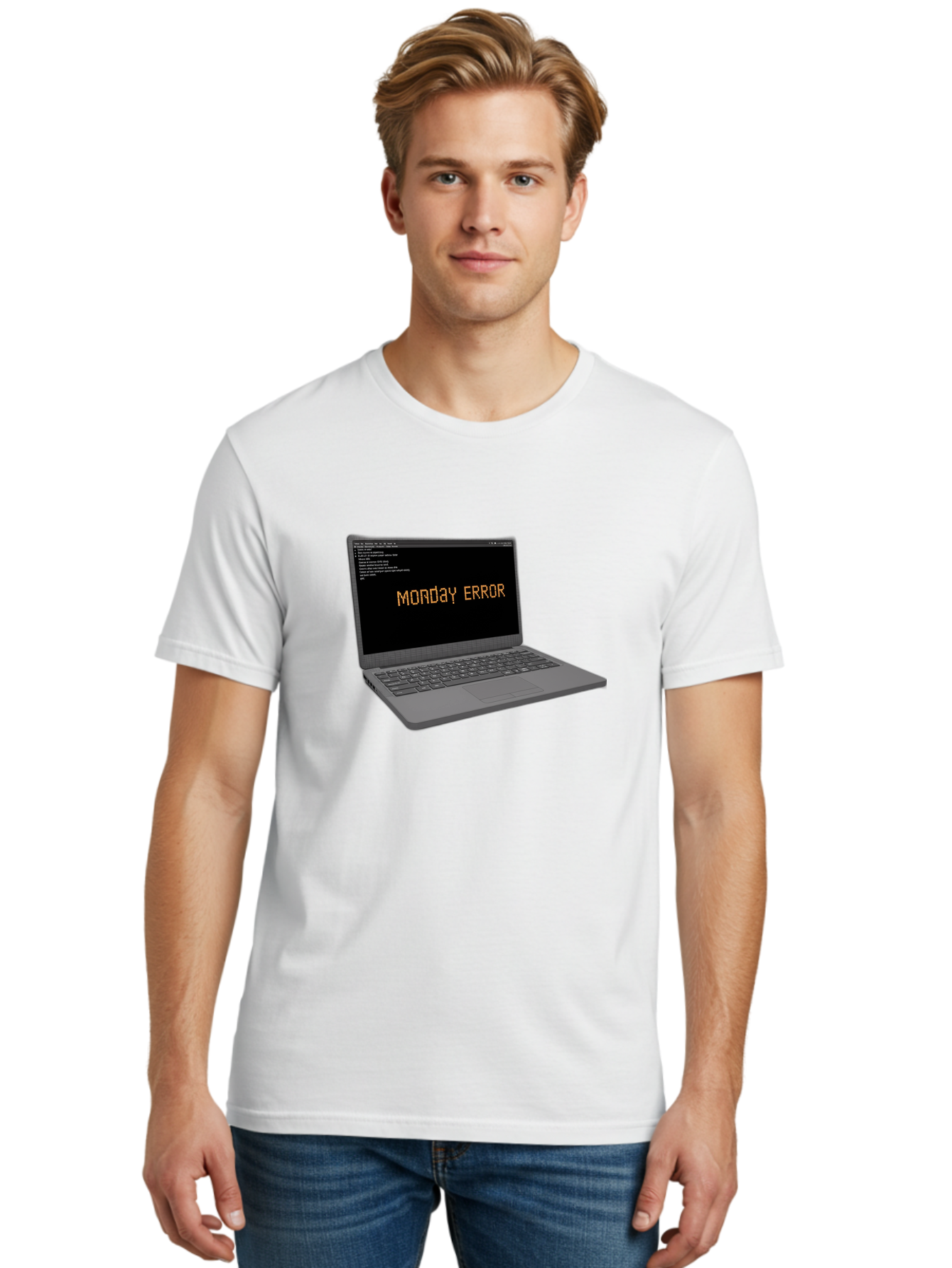 Monday-Error-Laptop Men'S Graphic Tee, 100% Cotton, Comfortable Casual Summer Wear, Machine Washable, Laptop Screen, Error Message, Monday Motivation, Coding Issues, Tech Problems, Computer Glitch, Debugging, Programming Error Bae529
