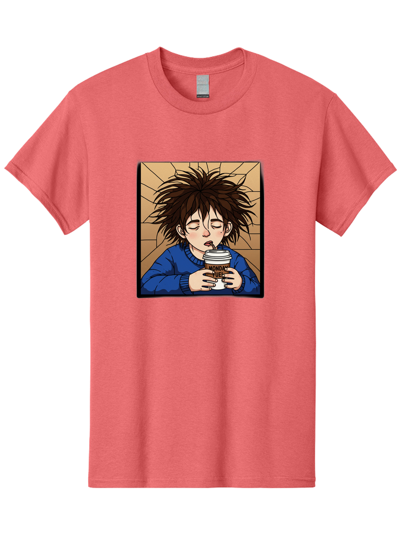 Monday-Fuel-1 Men'S Graphic Tee, 100% Cotton, Comfortable Casual Summer Wear, Machine Washable, Cartoon Character, Messy Hair, Blue Sweater, Coffee Cup, Morning Routine, Caffeine Boost, Relaxed Expression, Brown Background, Coffee Straw, Bae531