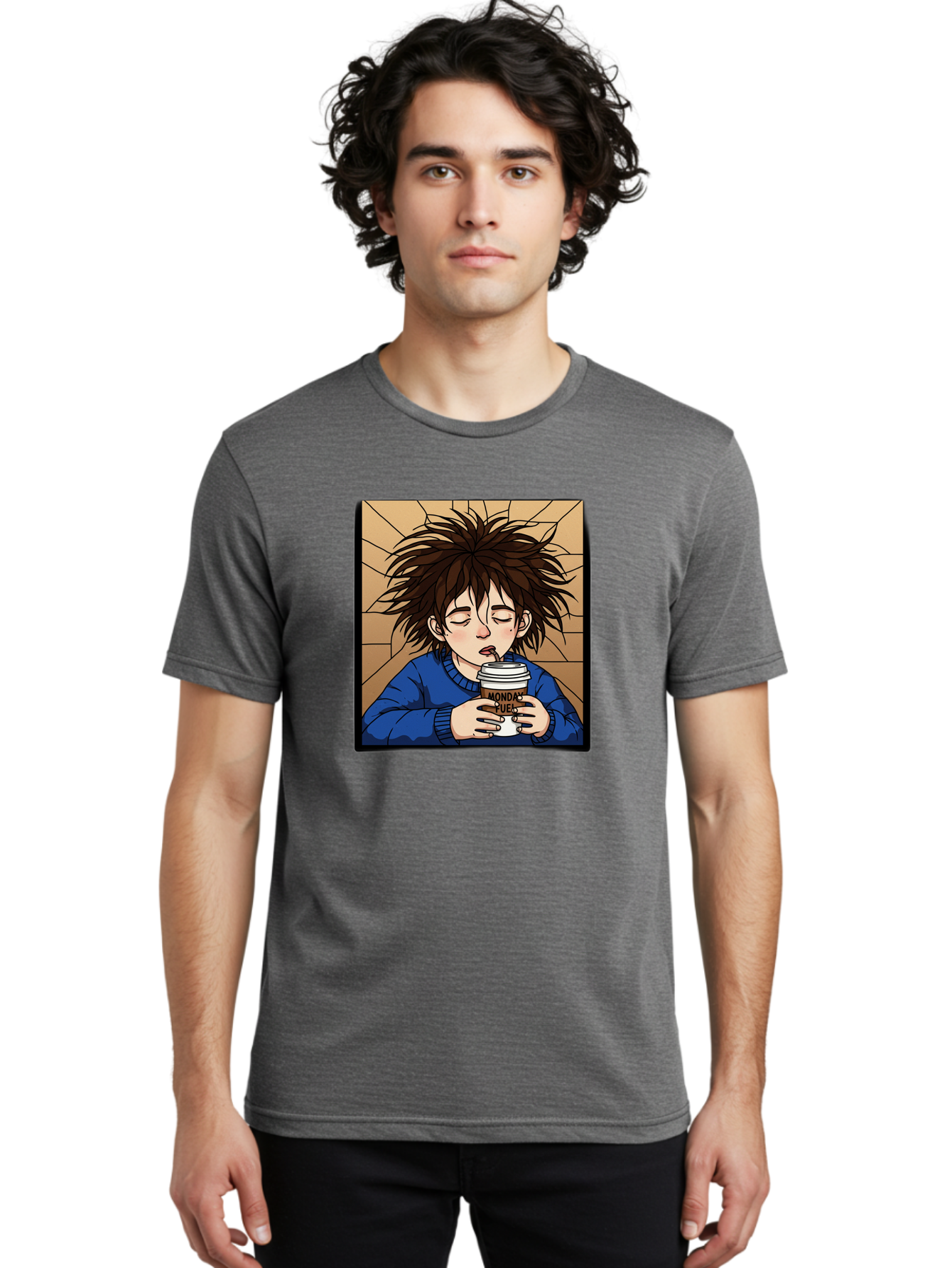 Monday-Fuel-1 Men'S Graphic Tee, 100% Cotton, Comfortable Casual Summer Wear, Machine Washable, Cartoon Character, Messy Hair, Blue Sweater, Coffee Cup, Morning Routine, Caffeine Boost, Relaxed Expression, Brown Background, Coffee Straw, Bae531