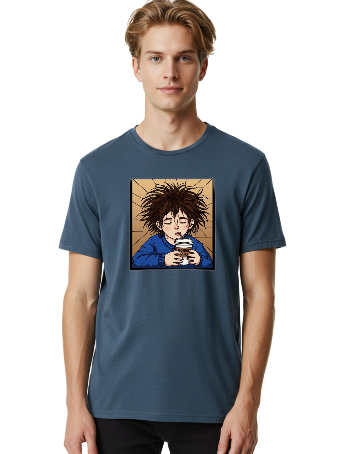 Monday-Fuel-1 Men'S Graphic Tee, 100% Cotton, Comfortable Casual Summer Wear, Machine Washable, Cartoon Character, Messy Hair, Blue Sweater, Coffee Cup, Morning Routine, Caffeine Boost, Relaxed Expression, Brown Background, Coffee Straw, Bae531
