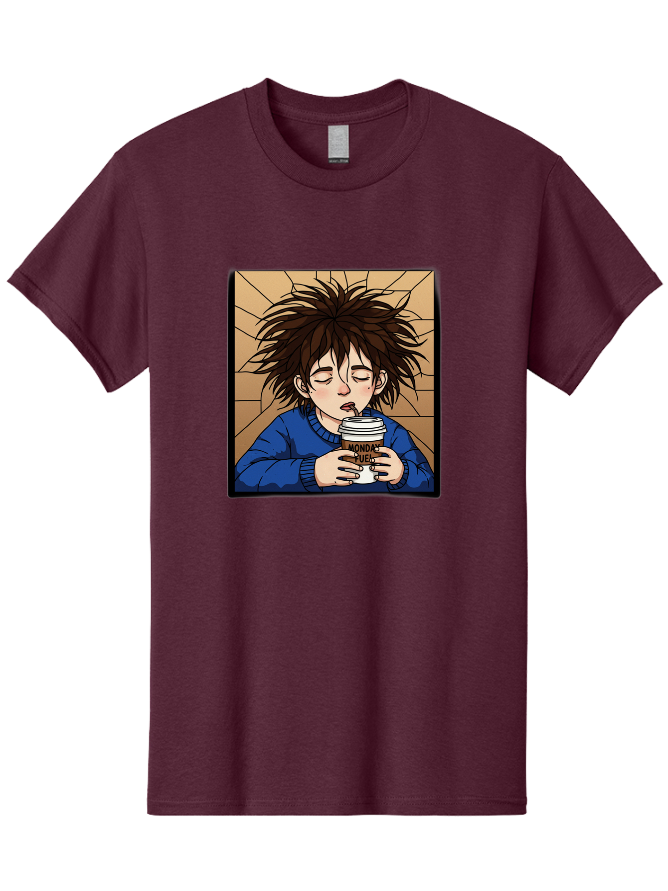 Monday-Fuel-1 Men'S Graphic Tee, 100% Cotton, Comfortable Casual Summer Wear, Machine Washable, Cartoon Character, Messy Hair, Blue Sweater, Coffee Cup, Morning Routine, Caffeine Boost, Relaxed Expression, Brown Background, Coffee Straw, Bae531