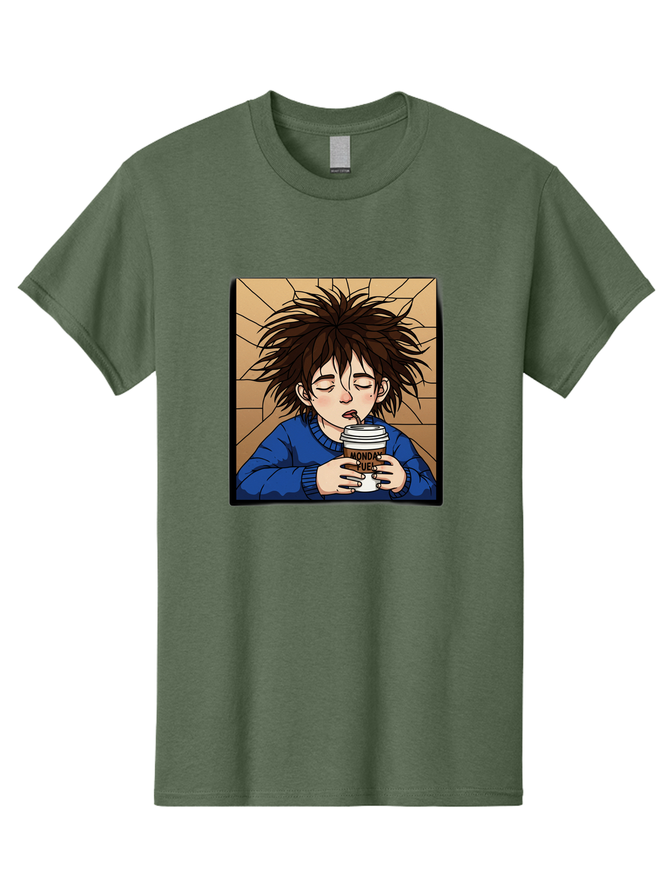 Monday-Fuel-1 Men'S Graphic Tee, 100% Cotton, Comfortable Casual Summer Wear, Machine Washable, Cartoon Character, Messy Hair, Blue Sweater, Coffee Cup, Morning Routine, Caffeine Boost, Relaxed Expression, Brown Background, Coffee Straw, Bae531