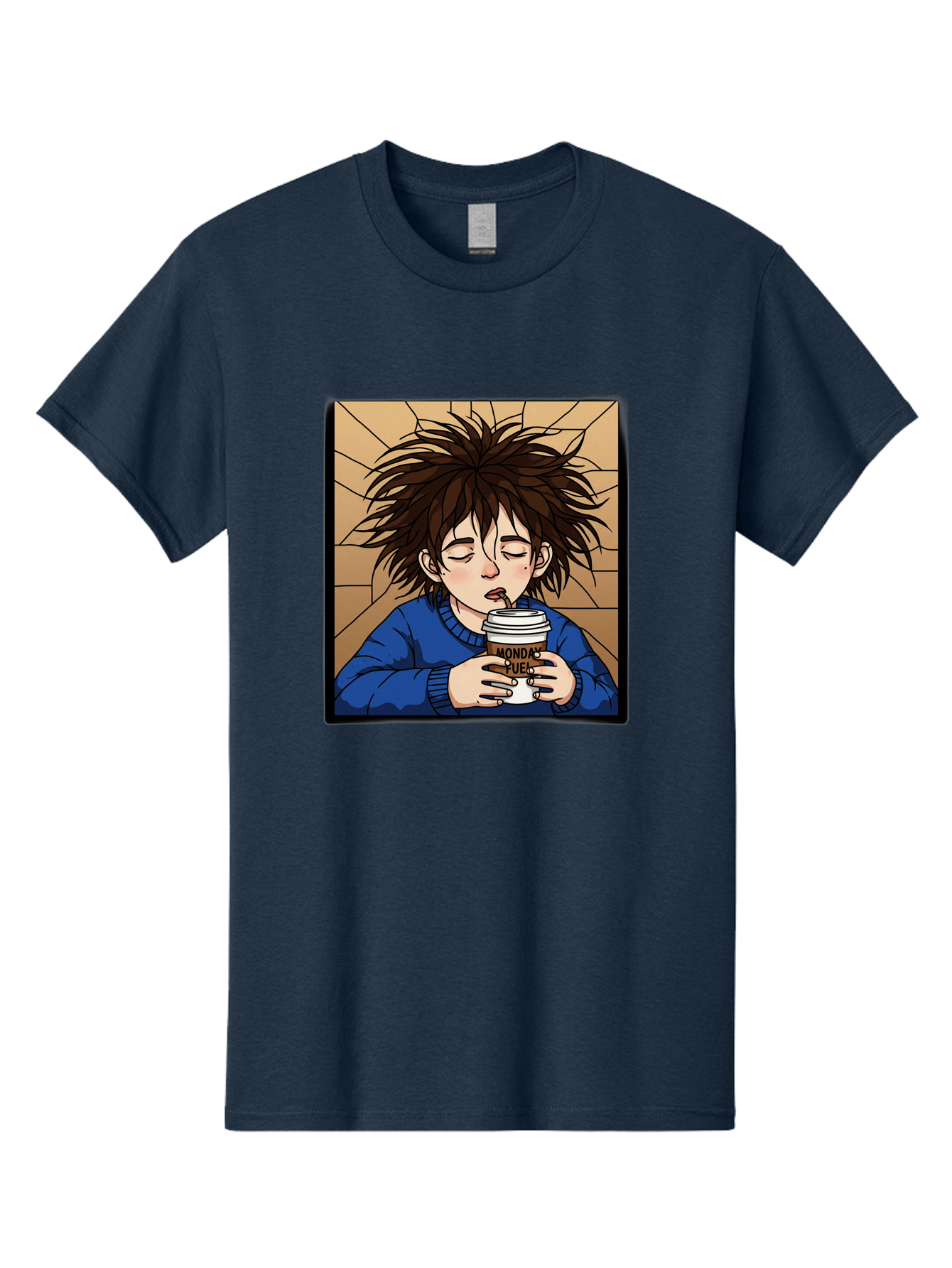 Monday-Fuel-1 Men'S Graphic Tee, 100% Cotton, Comfortable Casual Summer Wear, Machine Washable, Cartoon Character, Messy Hair, Blue Sweater, Coffee Cup, Morning Routine, Caffeine Boost, Relaxed Expression, Brown Background, Coffee Straw, Bae531
