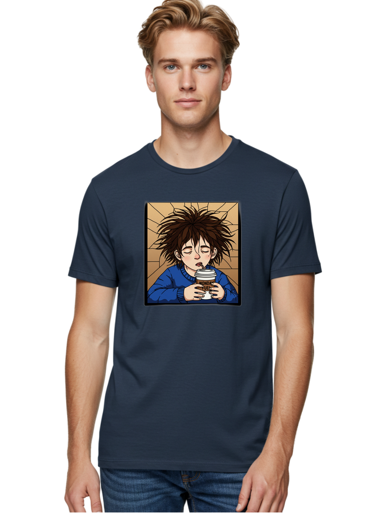 Monday-Fuel-1 Men'S Graphic Tee, 100% Cotton, Comfortable Casual Summer Wear, Machine Washable, Cartoon Character, Messy Hair, Blue Sweater, Coffee Cup, Morning Routine, Caffeine Boost, Relaxed Expression, Brown Background, Coffee Straw, Bae531