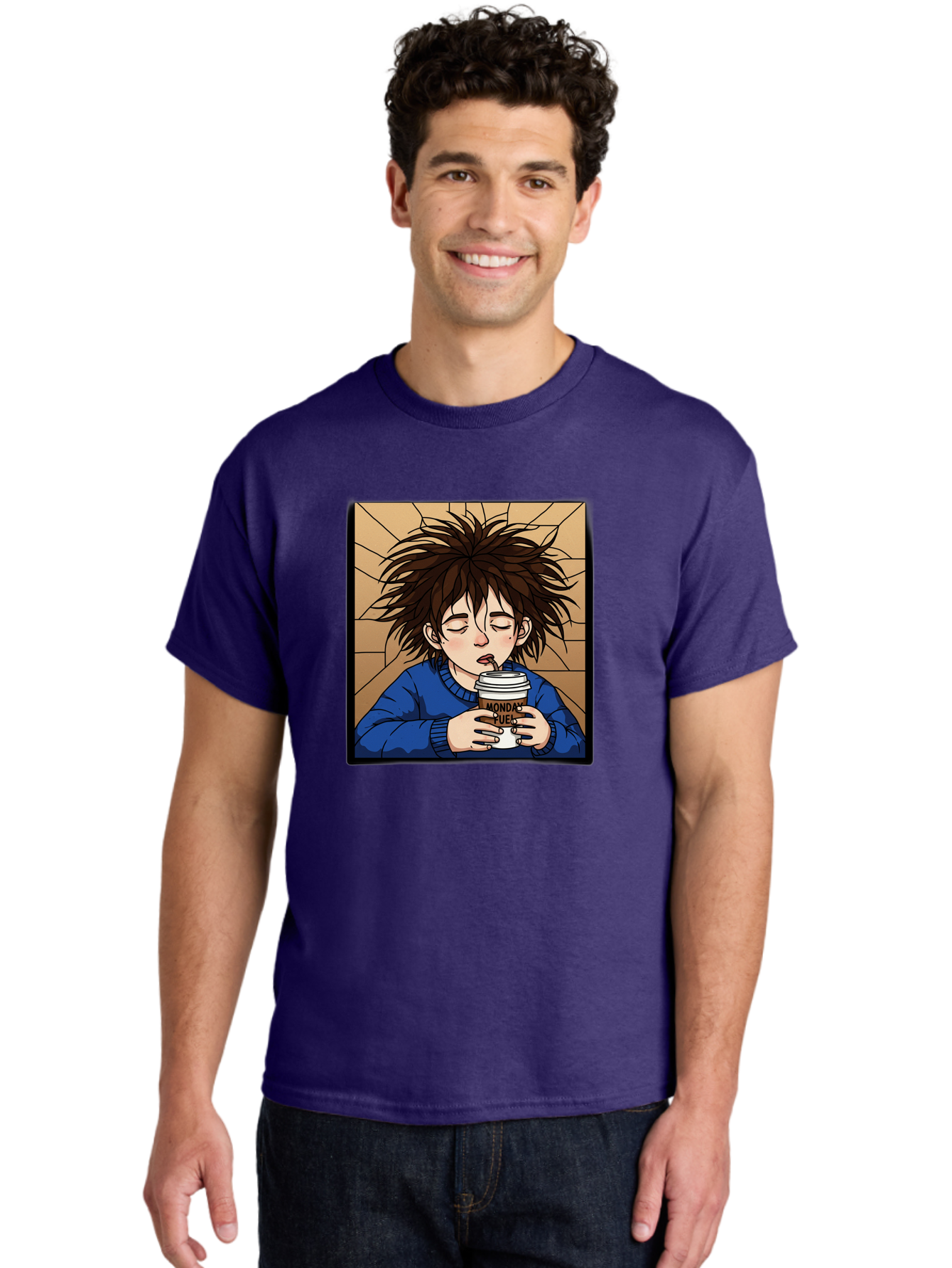 Monday-Fuel-1 Men'S Graphic Tee, 100% Cotton, Comfortable Casual Summer Wear, Machine Washable, Cartoon Character, Messy Hair, Blue Sweater, Coffee Cup, Morning Routine, Caffeine Boost, Relaxed Expression, Brown Background, Coffee Straw, Bae531