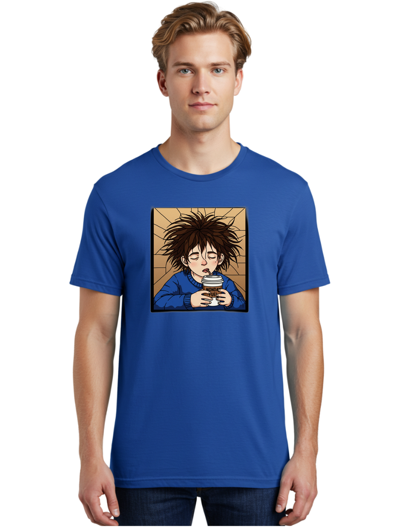 Monday-Fuel-1 Men'S Graphic Tee, 100% Cotton, Comfortable Casual Summer Wear, Machine Washable, Cartoon Character, Messy Hair, Blue Sweater, Coffee Cup, Morning Routine, Caffeine Boost, Relaxed Expression, Brown Background, Coffee Straw, Bae531