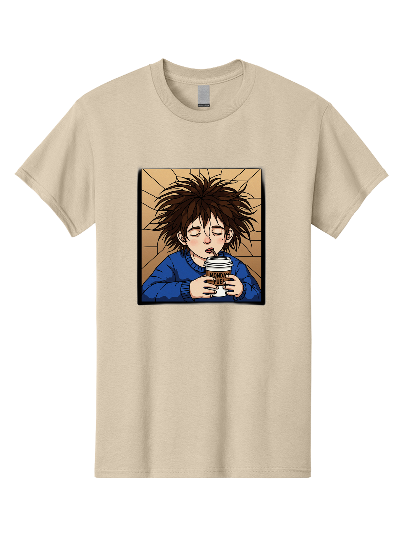 Monday-Fuel-1 Men'S Graphic Tee, 100% Cotton, Comfortable Casual Summer Wear, Machine Washable, Cartoon Character, Messy Hair, Blue Sweater, Coffee Cup, Morning Routine, Caffeine Boost, Relaxed Expression, Brown Background, Coffee Straw, Bae531