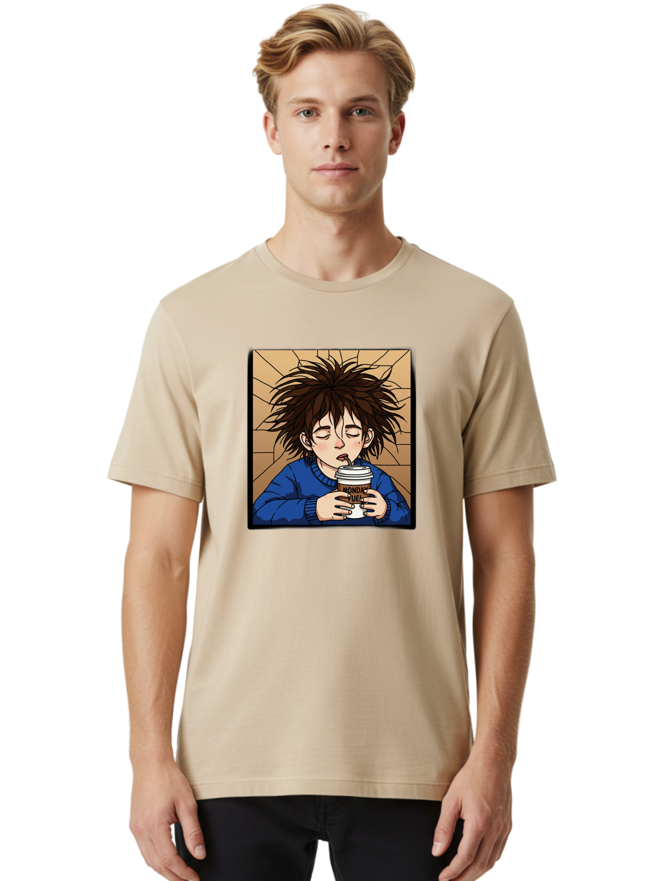 Monday-Fuel-1 Men'S Graphic Tee, 100% Cotton, Comfortable Casual Summer Wear, Machine Washable, Cartoon Character, Messy Hair, Blue Sweater, Coffee Cup, Morning Routine, Caffeine Boost, Relaxed Expression, Brown Background, Coffee Straw, Bae531