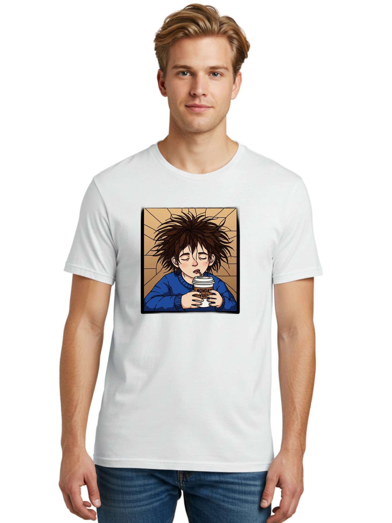 Monday-Fuel-1 Men'S Graphic Tee, 100% Cotton, Comfortable Casual Summer Wear, Machine Washable, Cartoon Character, Messy Hair, Blue Sweater, Coffee Cup, Morning Routine, Caffeine Boost, Relaxed Expression, Brown Background, Coffee Straw, Bae531