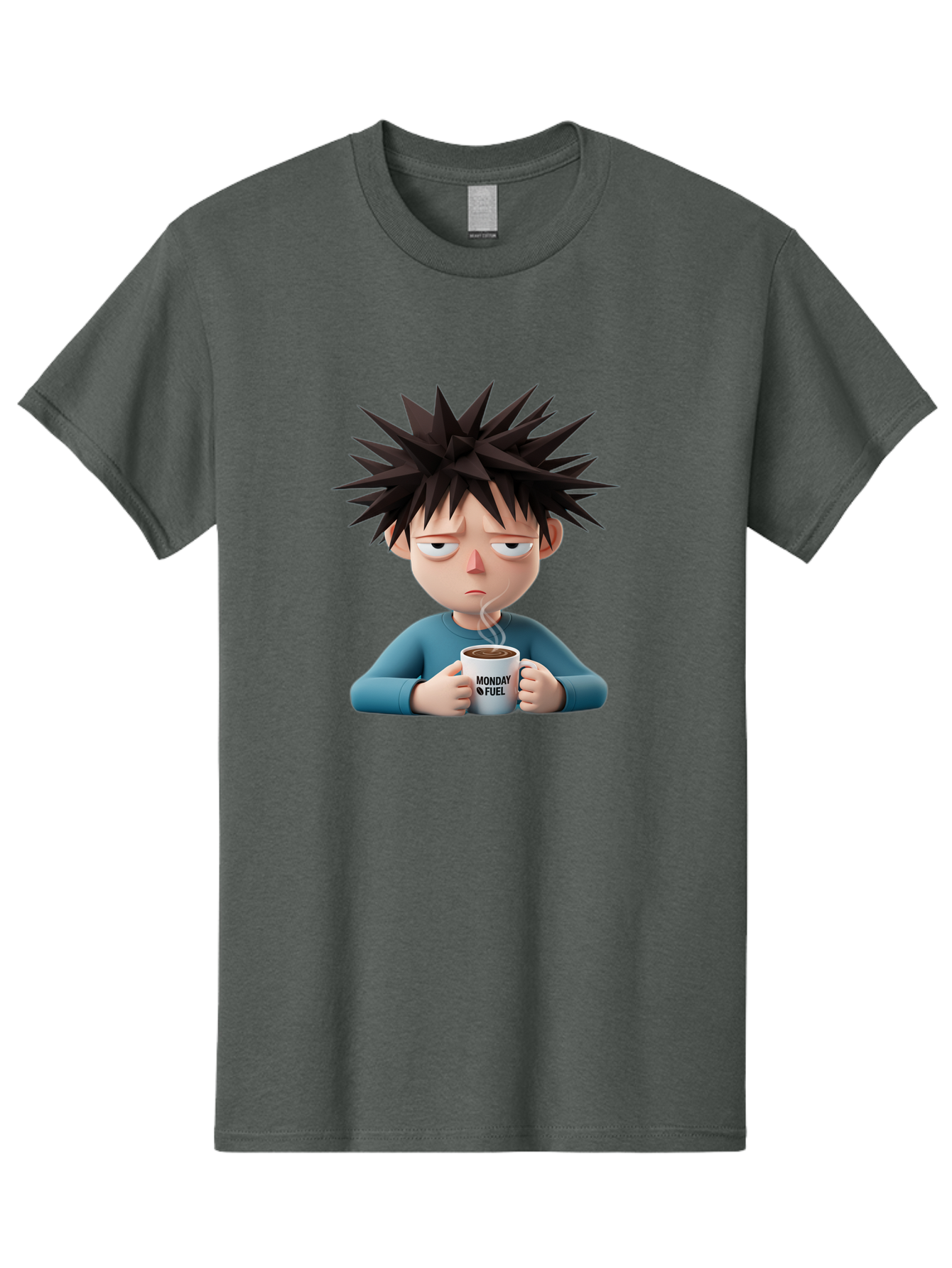 Monday-Fuel Men'S Graphic Tee, 100% Cotton, Comfortable Casual Summer Wear, Machine Washable, Cartoon Character, Monday Blues, Coffee Mug, Morning Motivation, Steam Rising, Blue Shirt, Messy Hair, Humorous Art, Coffee Culture, Morning Routine Bae532