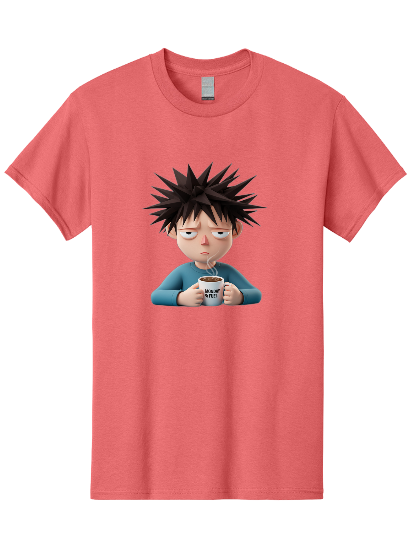 Monday-Fuel Men'S Graphic Tee, 100% Cotton, Comfortable Casual Summer Wear, Machine Washable, Cartoon Character, Monday Blues, Coffee Mug, Morning Motivation, Steam Rising, Blue Shirt, Messy Hair, Humorous Art, Coffee Culture, Morning Routine Bae532