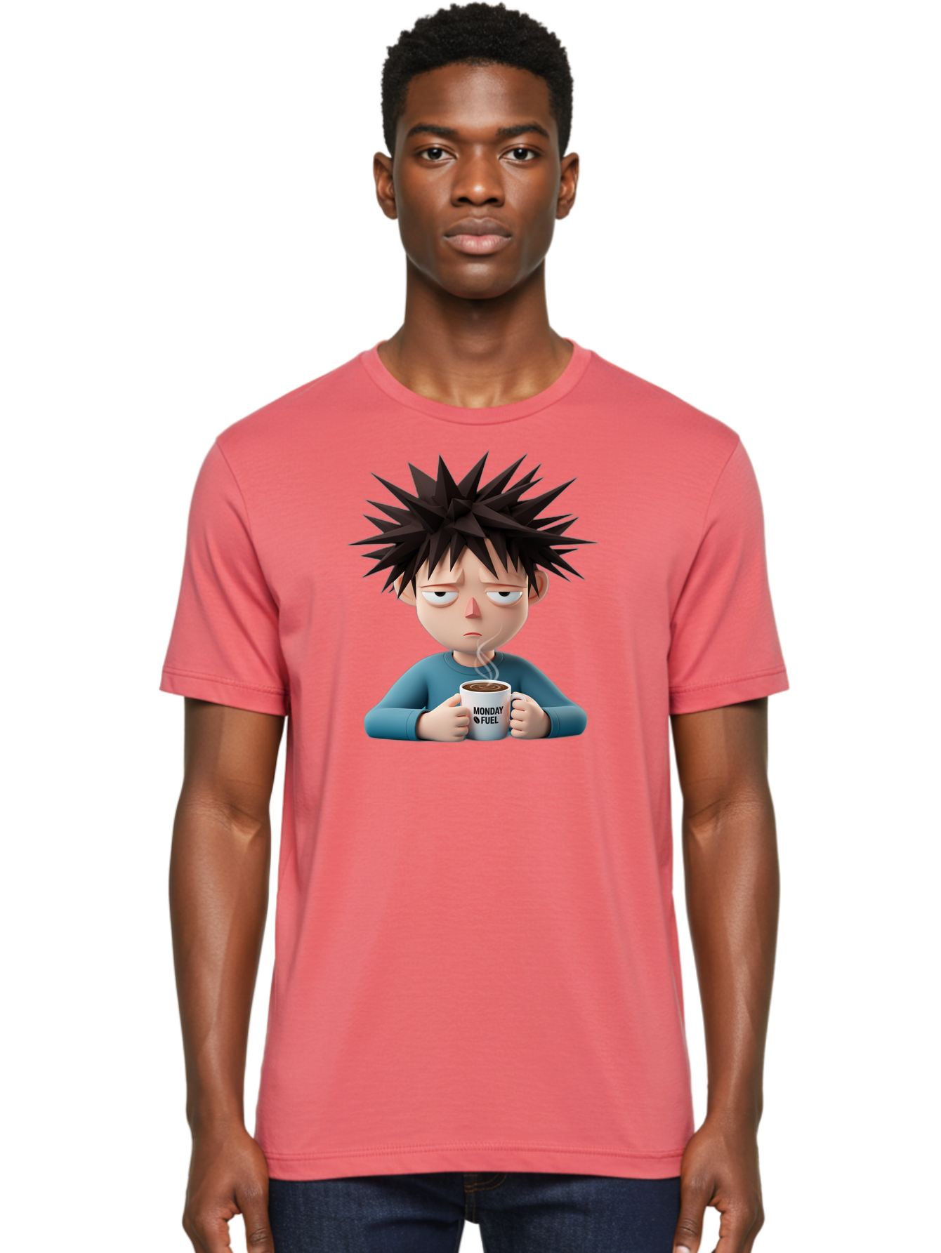 Monday-Fuel Men'S Graphic Tee, 100% Cotton, Comfortable Casual Summer Wear, Machine Washable, Cartoon Character, Monday Blues, Coffee Mug, Morning Motivation, Steam Rising, Blue Shirt, Messy Hair, Humorous Art, Coffee Culture, Morning Routine Bae532