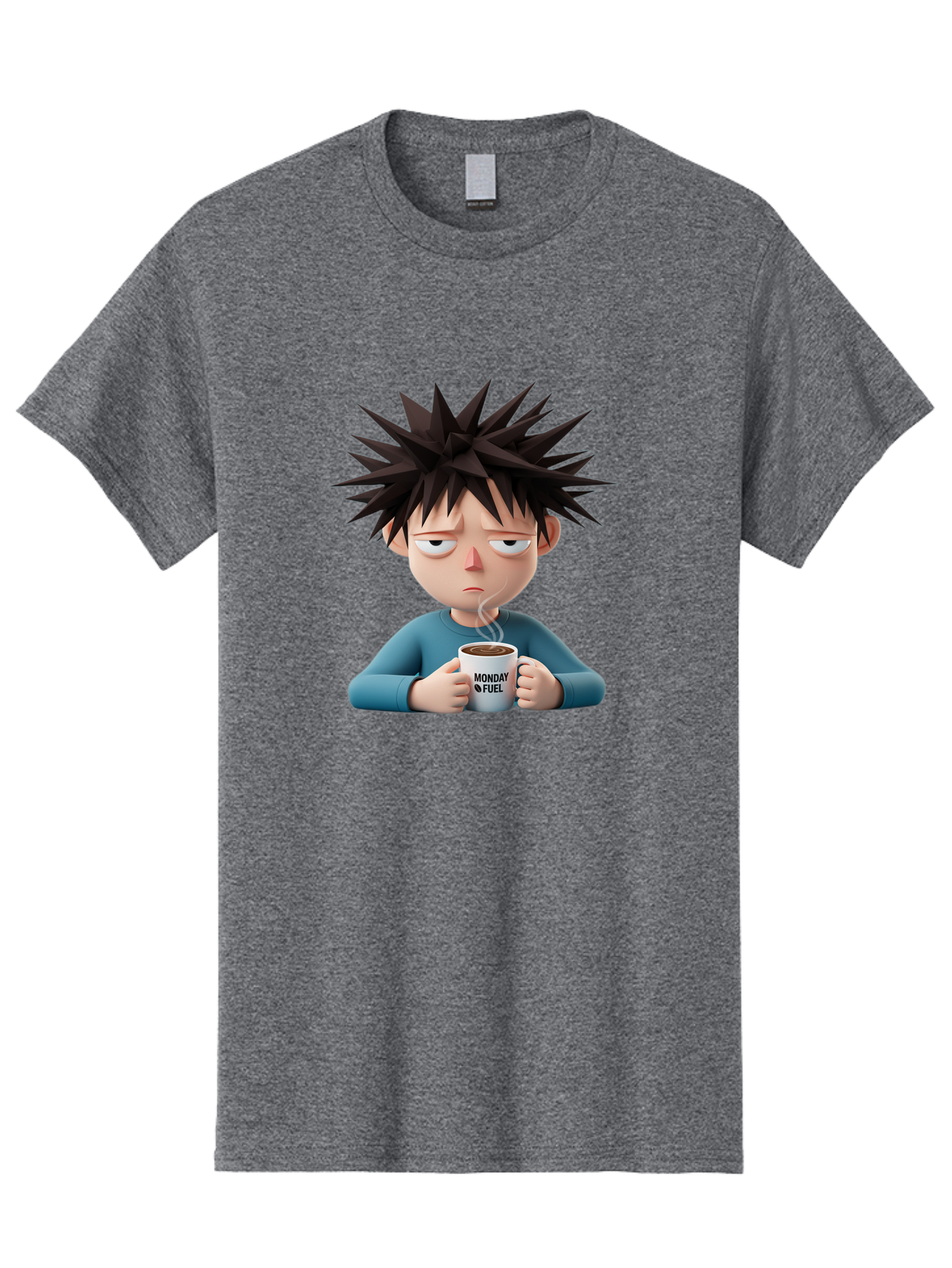 Monday-Fuel Men'S Graphic Tee, 100% Cotton, Comfortable Casual Summer Wear, Machine Washable, Cartoon Character, Monday Blues, Coffee Mug, Morning Motivation, Steam Rising, Blue Shirt, Messy Hair, Humorous Art, Coffee Culture, Morning Routine Bae532