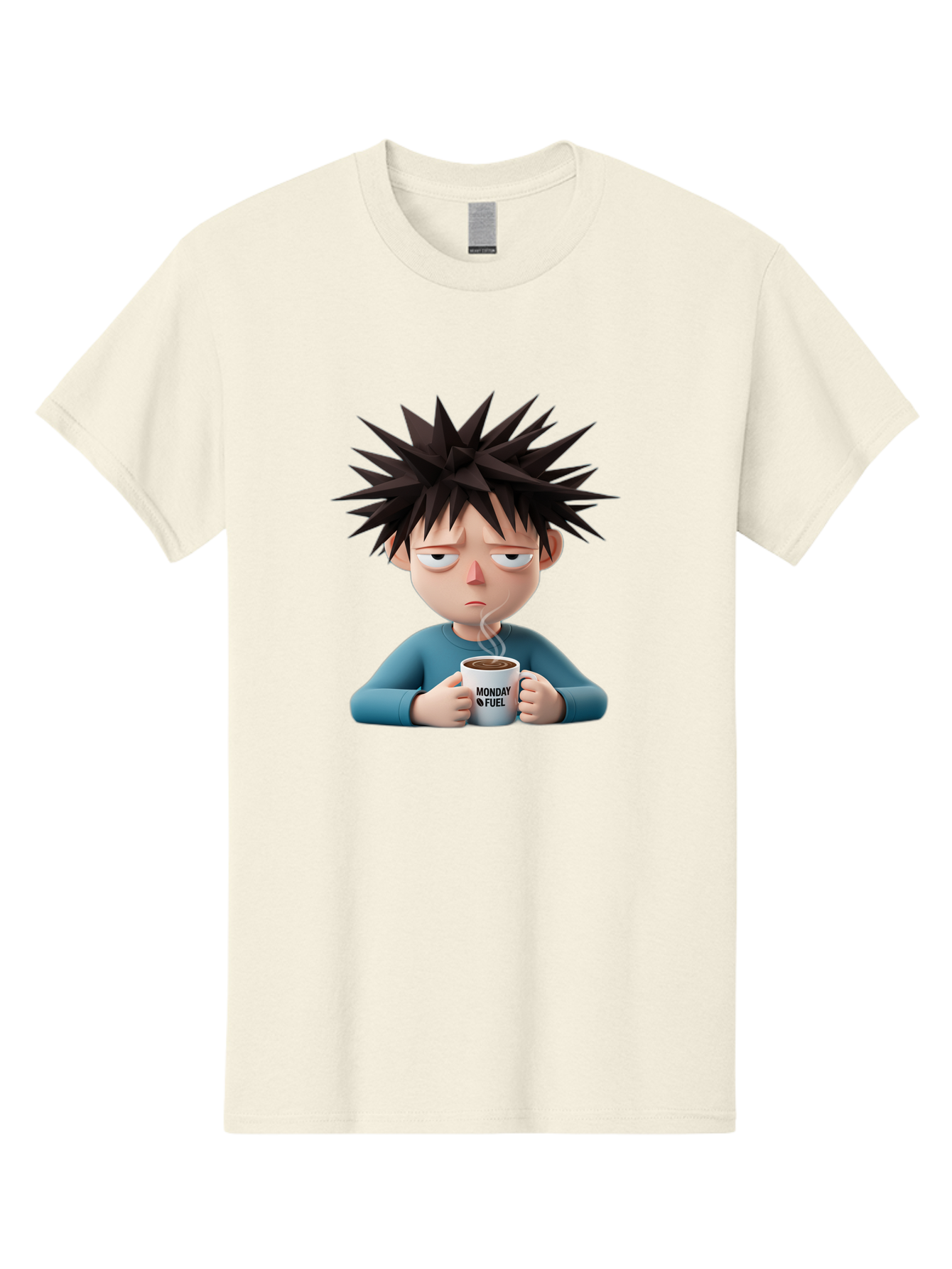 Monday-Fuel Men'S Graphic Tee, 100% Cotton, Comfortable Casual Summer Wear, Machine Washable, Cartoon Character, Monday Blues, Coffee Mug, Morning Motivation, Steam Rising, Blue Shirt, Messy Hair, Humorous Art, Coffee Culture, Morning Routine Bae532
