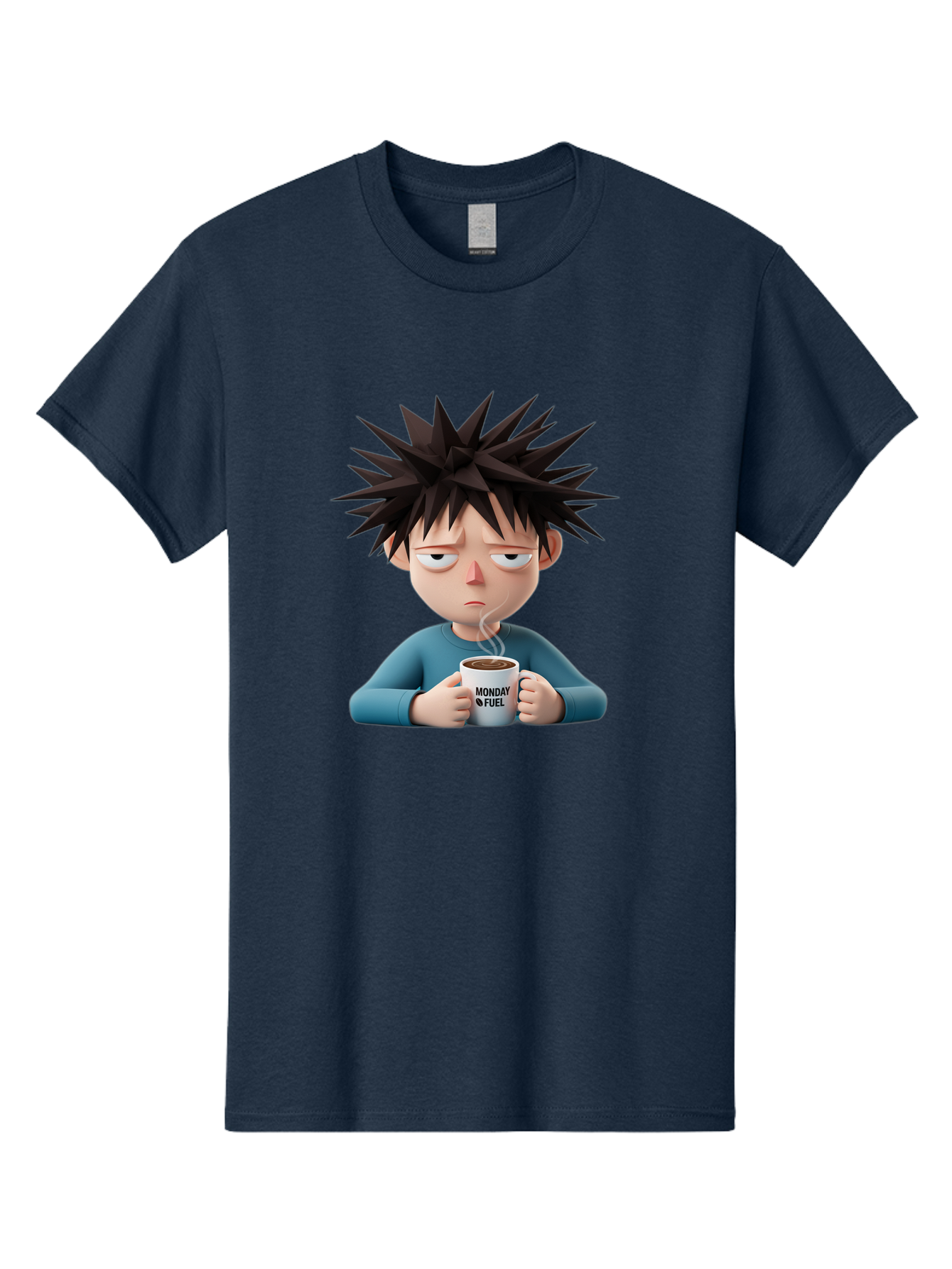 Monday-Fuel Men'S Graphic Tee, 100% Cotton, Comfortable Casual Summer Wear, Machine Washable, Cartoon Character, Monday Blues, Coffee Mug, Morning Motivation, Steam Rising, Blue Shirt, Messy Hair, Humorous Art, Coffee Culture, Morning Routine Bae532