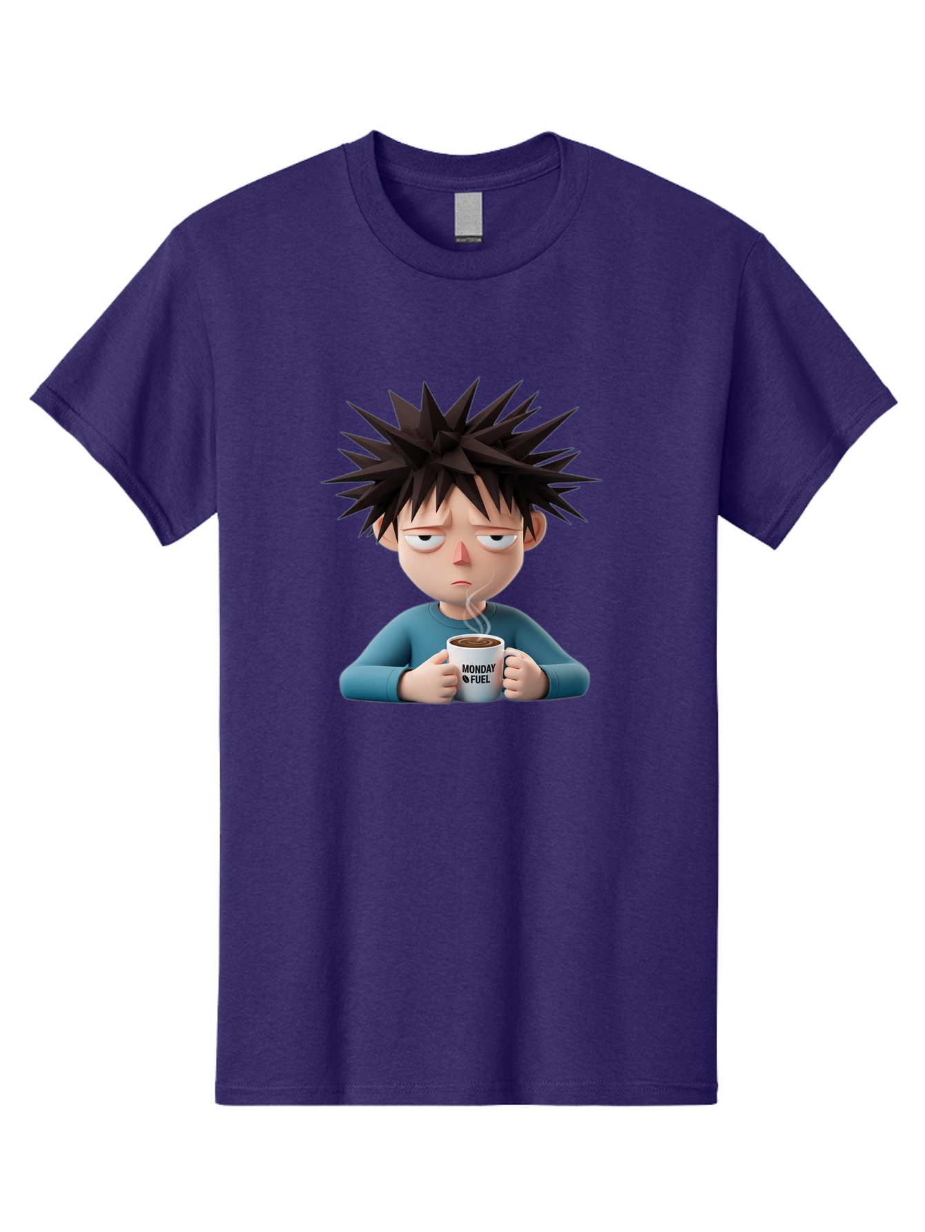 Monday-Fuel Men'S Graphic Tee, 100% Cotton, Comfortable Casual Summer Wear, Machine Washable, Cartoon Character, Monday Blues, Coffee Mug, Morning Motivation, Steam Rising, Blue Shirt, Messy Hair, Humorous Art, Coffee Culture, Morning Routine Bae532