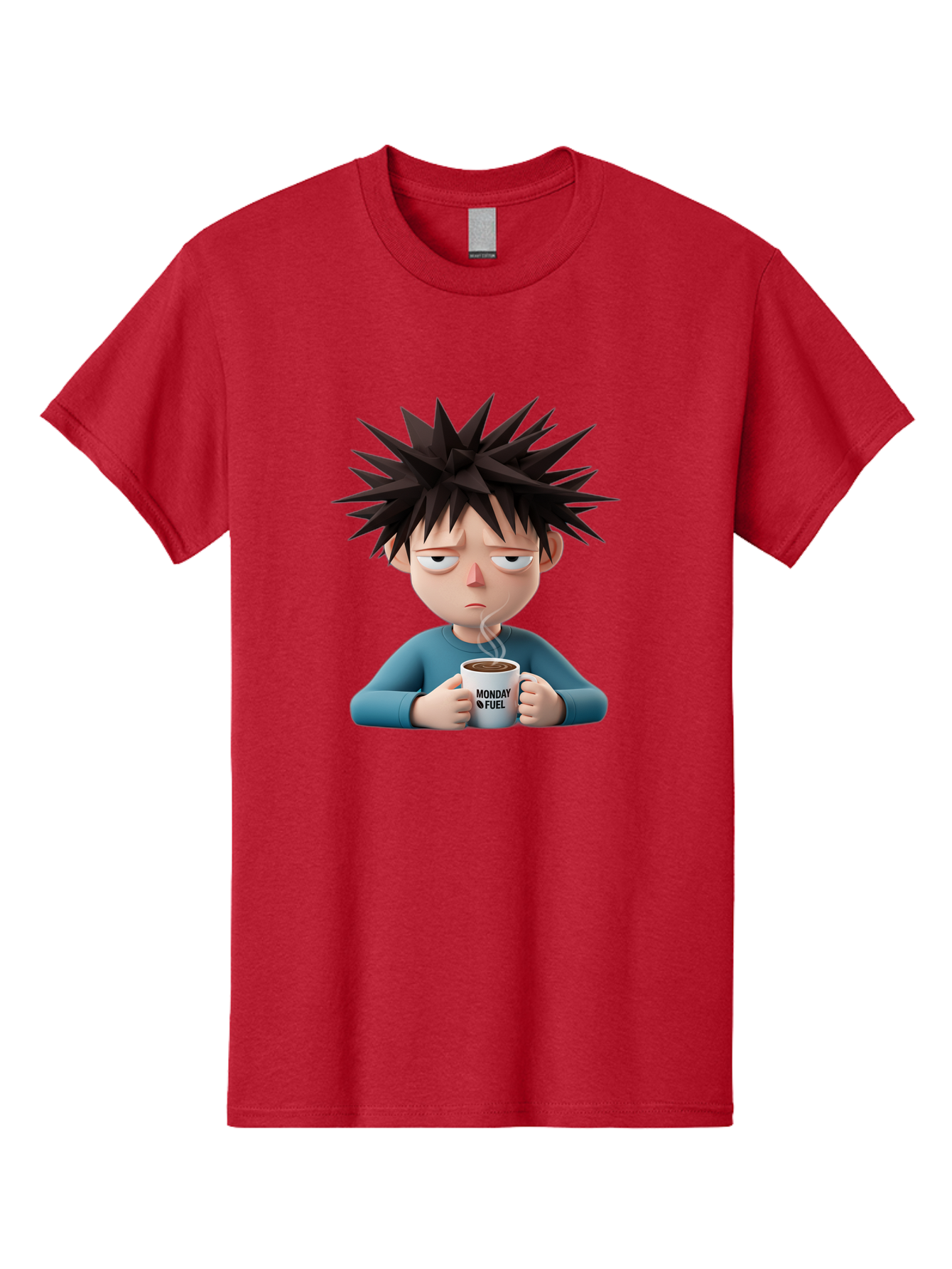 Monday-Fuel Men'S Graphic Tee, 100% Cotton, Comfortable Casual Summer Wear, Machine Washable, Cartoon Character, Monday Blues, Coffee Mug, Morning Motivation, Steam Rising, Blue Shirt, Messy Hair, Humorous Art, Coffee Culture, Morning Routine Bae532
