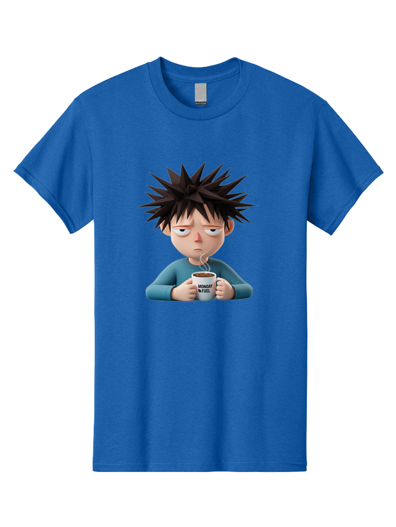 Monday-Fuel Men'S Graphic Tee, 100% Cotton, Comfortable Casual Summer Wear, Machine Washable, Cartoon Character, Monday Blues, Coffee Mug, Morning Motivation, Steam Rising, Blue Shirt, Messy Hair, Humorous Art, Coffee Culture, Morning Routine Bae532