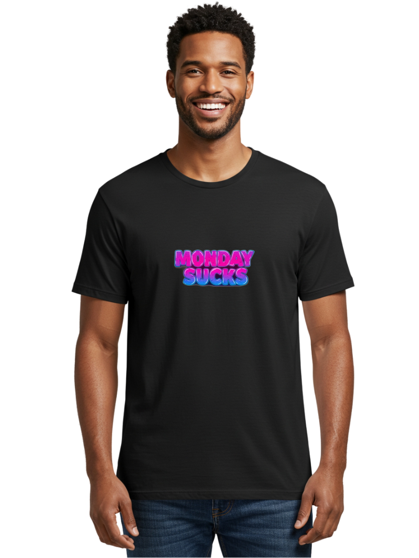 Monday-Sucks-1 Men'S Graphic Tee, 100% Cotton, Comfortable Casual Summer Wear, Machine Washable, Monday Motivation, Motivational Quote, Funny Meme, Humor, Sarcasm, Workweek Grind, Relief, Colorful Text, Pink, Blue, Gradient, Workplace Humor, Bae534
