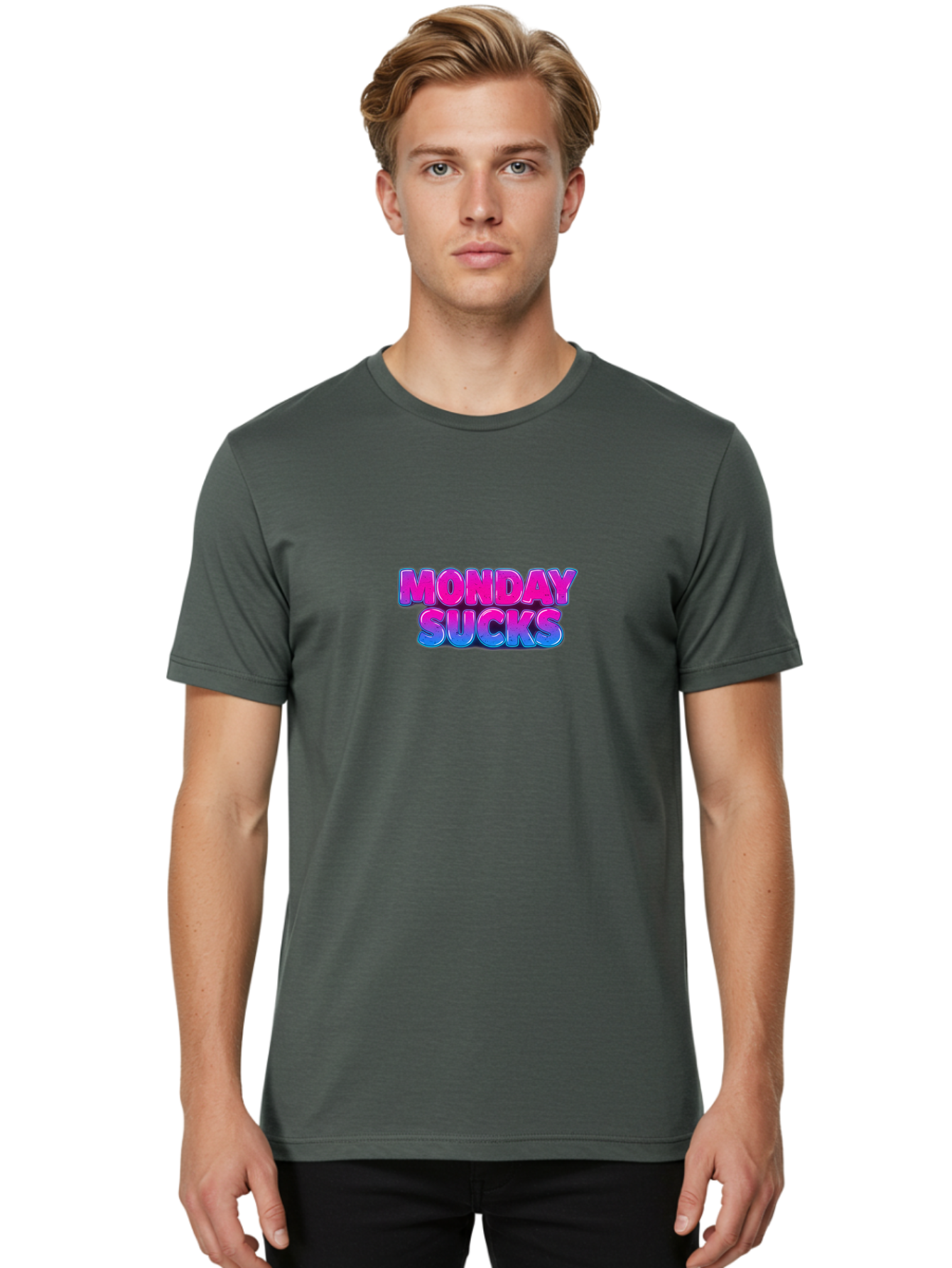 Monday-Sucks-1 Men'S Graphic Tee, 100% Cotton, Comfortable Casual Summer Wear, Machine Washable, Monday Motivation, Motivational Quote, Funny Meme, Humor, Sarcasm, Workweek Grind, Relief, Colorful Text, Pink, Blue, Gradient, Workplace Humor, Bae534