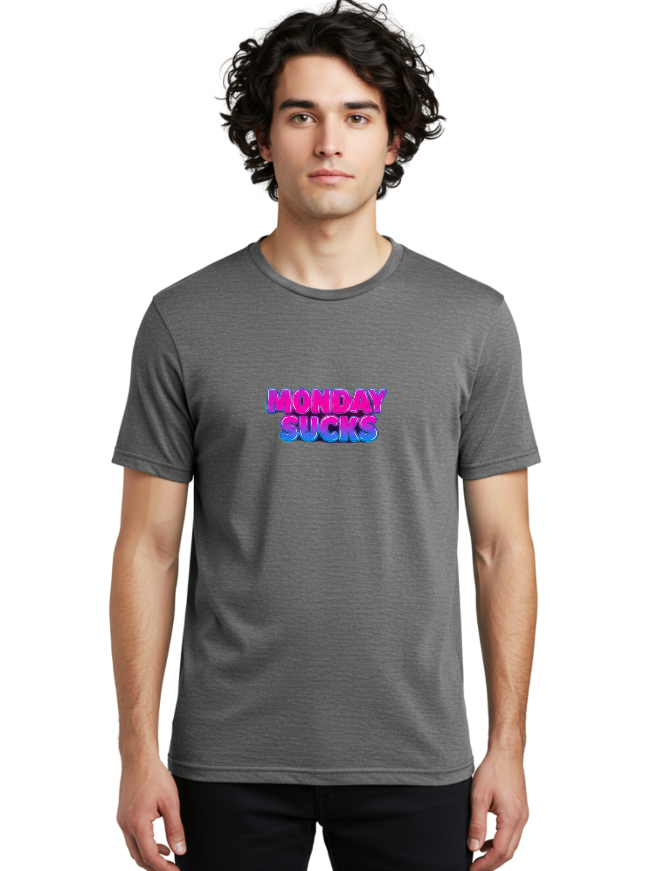 Monday-Sucks-1 Men'S Graphic Tee, 100% Cotton, Comfortable Casual Summer Wear, Machine Washable, Monday Motivation, Motivational Quote, Funny Meme, Humor, Sarcasm, Workweek Grind, Relief, Colorful Text, Pink, Blue, Gradient, Workplace Humor, Bae534