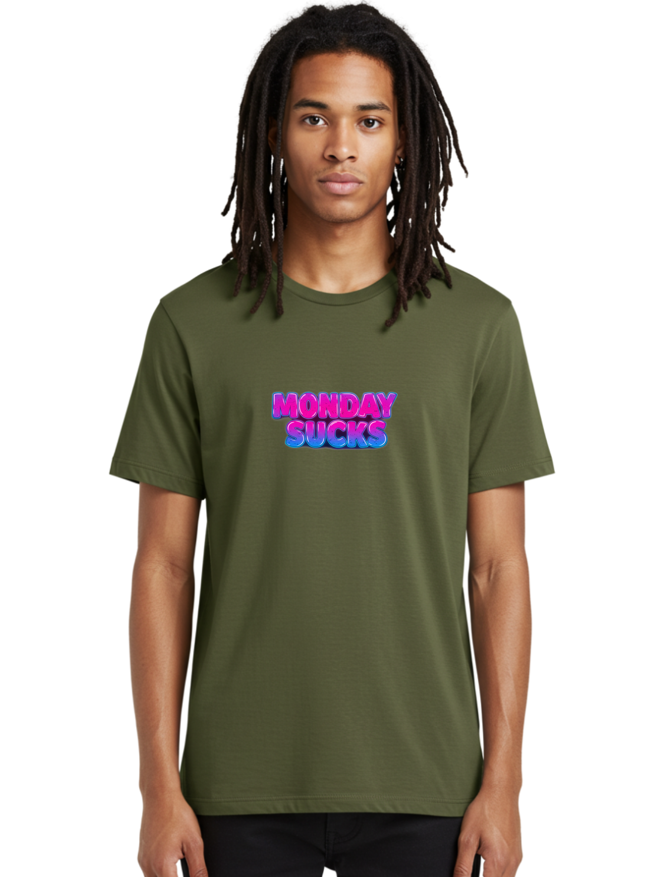 Monday-Sucks-1 Men'S Graphic Tee, 100% Cotton, Comfortable Casual Summer Wear, Machine Washable, Monday Motivation, Motivational Quote, Funny Meme, Humor, Sarcasm, Workweek Grind, Relief, Colorful Text, Pink, Blue, Gradient, Workplace Humor, Bae534