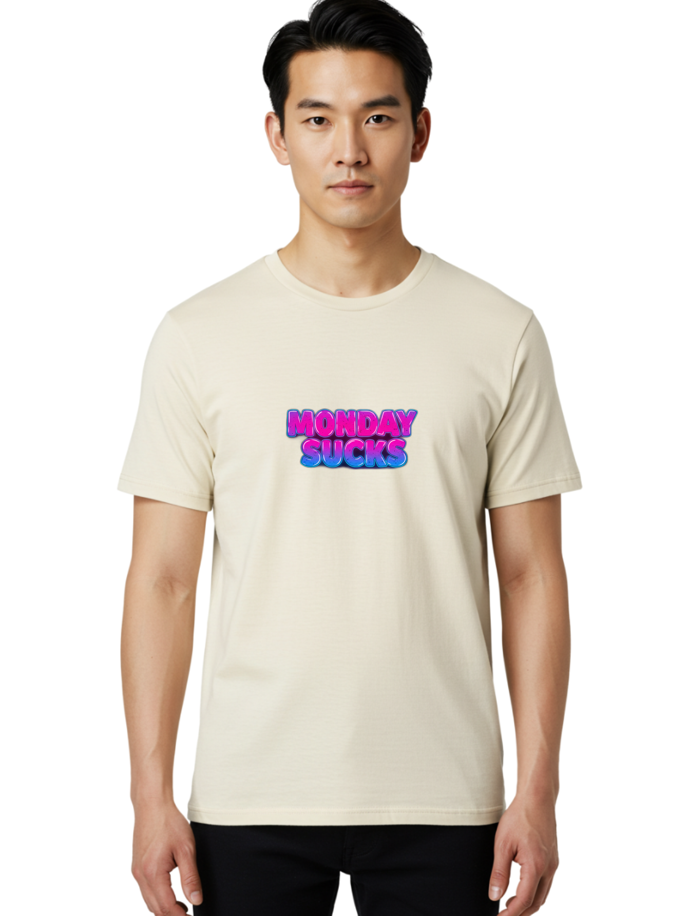 Monday-Sucks-1 Men'S Graphic Tee, 100% Cotton, Comfortable Casual Summer Wear, Machine Washable, Monday Motivation, Motivational Quote, Funny Meme, Humor, Sarcasm, Workweek Grind, Relief, Colorful Text, Pink, Blue, Gradient, Workplace Humor, Bae534