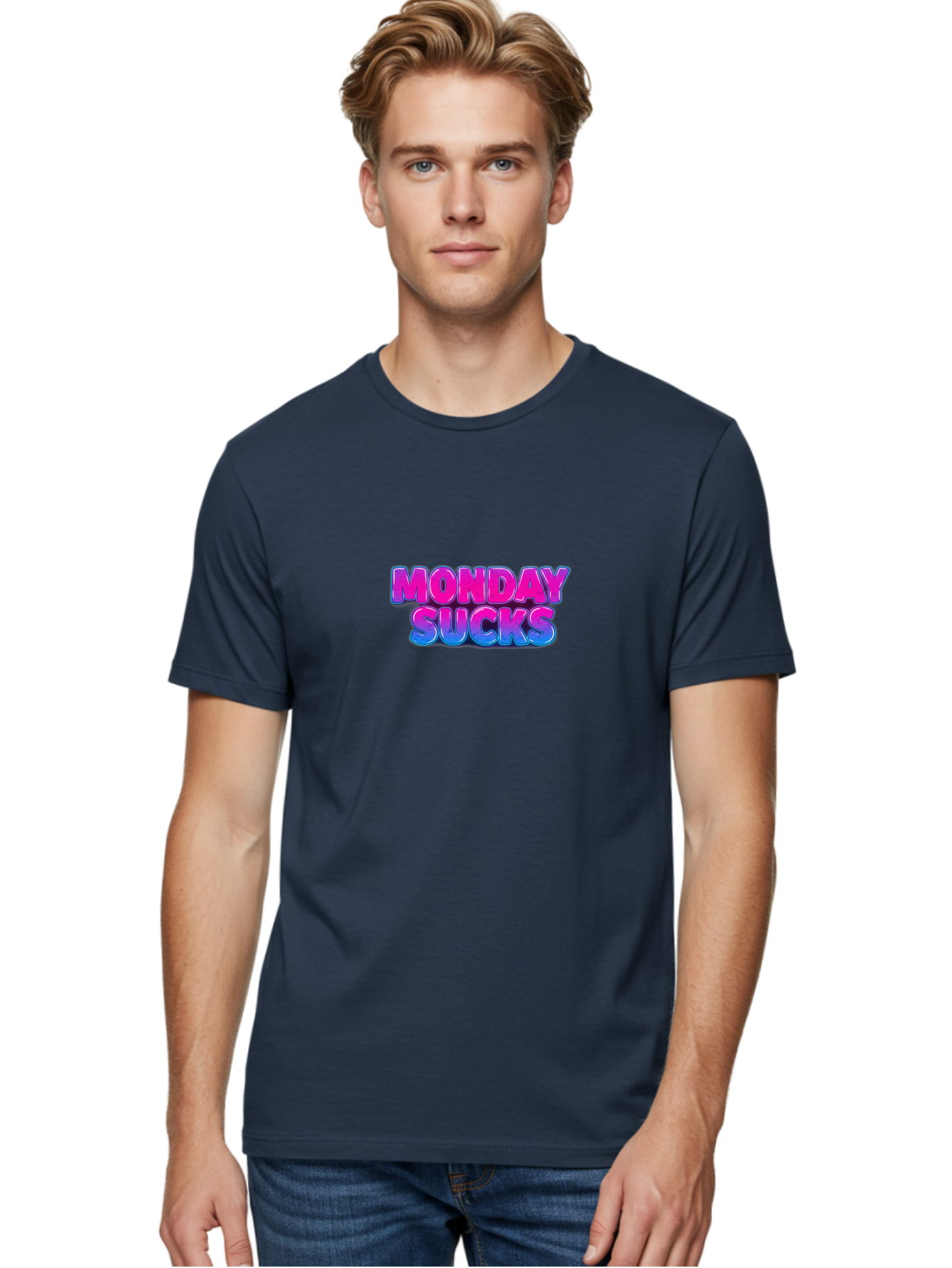 Monday-Sucks-1 Men'S Graphic Tee, 100% Cotton, Comfortable Casual Summer Wear, Machine Washable, Monday Motivation, Motivational Quote, Funny Meme, Humor, Sarcasm, Workweek Grind, Relief, Colorful Text, Pink, Blue, Gradient, Workplace Humor, Bae534