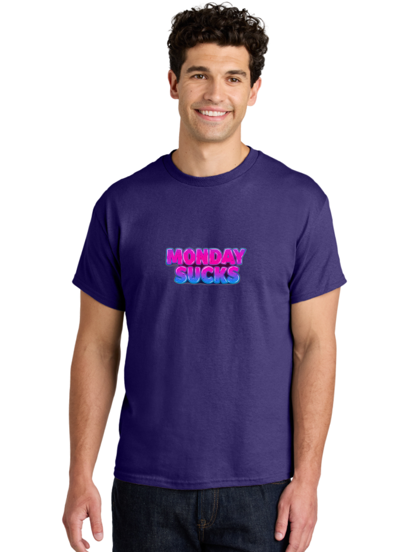 Monday-Sucks-1 Men'S Graphic Tee, 100% Cotton, Comfortable Casual Summer Wear, Machine Washable, Monday Motivation, Motivational Quote, Funny Meme, Humor, Sarcasm, Workweek Grind, Relief, Colorful Text, Pink, Blue, Gradient, Workplace Humor, Bae534