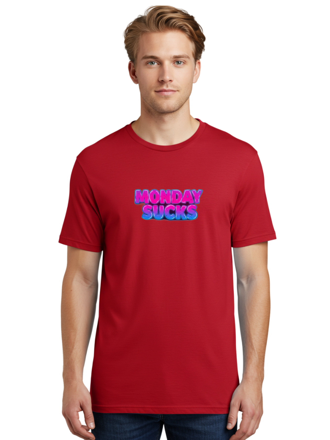 Monday-Sucks-1 Men'S Graphic Tee, 100% Cotton, Comfortable Casual Summer Wear, Machine Washable, Monday Motivation, Motivational Quote, Funny Meme, Humor, Sarcasm, Workweek Grind, Relief, Colorful Text, Pink, Blue, Gradient, Workplace Humor, Bae534
