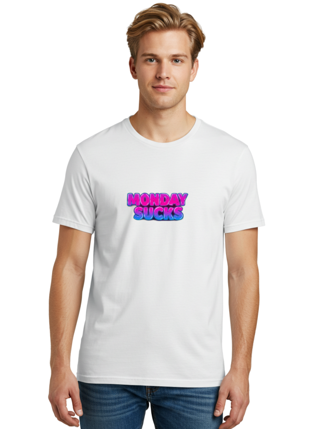 Monday-Sucks-1 Men'S Graphic Tee, 100% Cotton, Comfortable Casual Summer Wear, Machine Washable, Monday Motivation, Motivational Quote, Funny Meme, Humor, Sarcasm, Workweek Grind, Relief, Colorful Text, Pink, Blue, Gradient, Workplace Humor, Bae534