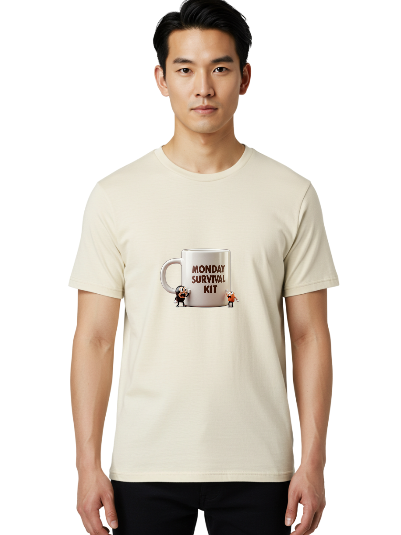 Monday-Survival-Kit-1 Men'S Graphic Tee, 100% Cotton, Comfortable Casual Summer Wear, Machine Washable, Coffee Mug, Monday Motivation, Survival Kit, Cartoon Characters, Humorous Design, Funny Coffee Cup, Quirky Illustration, Stress Relief Bae536