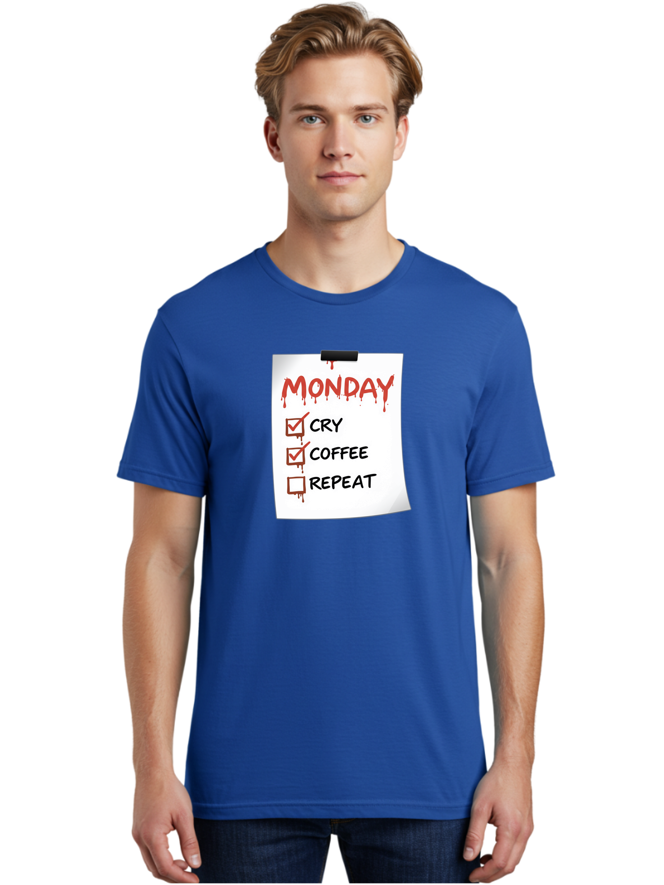 Monday-To-Do-List-2 Men'S Graphic Tee, 100% Cotton, Comfortable Casual Summer Wear, Machine Washable, Humorous To-Do List, Monday Blues, Cry, Coffee, Repeat, Funny Office Humor, Workplace Comedy, Blood Dripping Text, Checklist, Relatable Meme Bae540