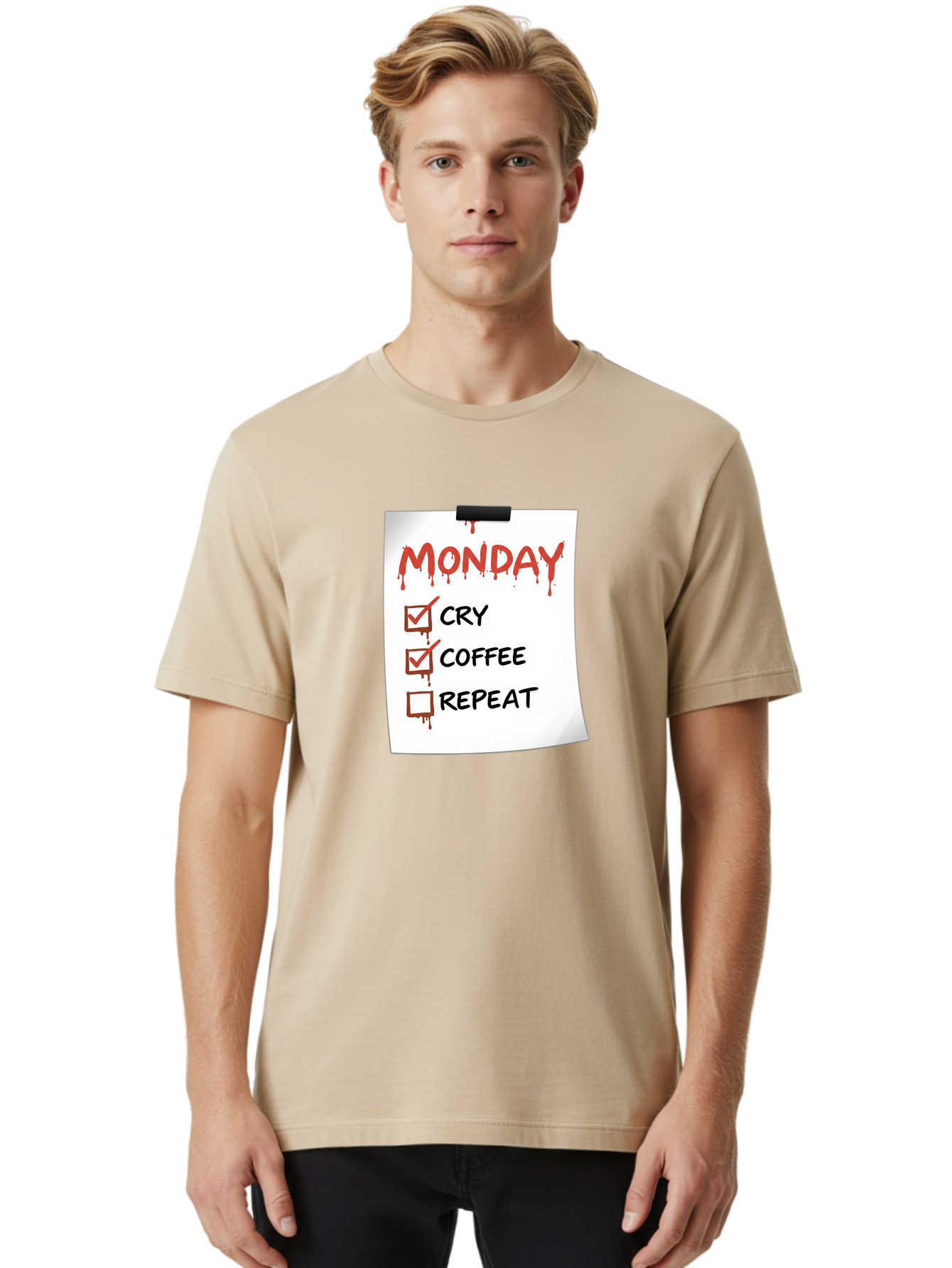 Monday-To-Do-List-2 Men'S Graphic Tee, 100% Cotton, Comfortable Casual Summer Wear, Machine Washable, Humorous To-Do List, Monday Blues, Cry, Coffee, Repeat, Funny Office Humor, Workplace Comedy, Blood Dripping Text, Checklist, Relatable Meme Bae540