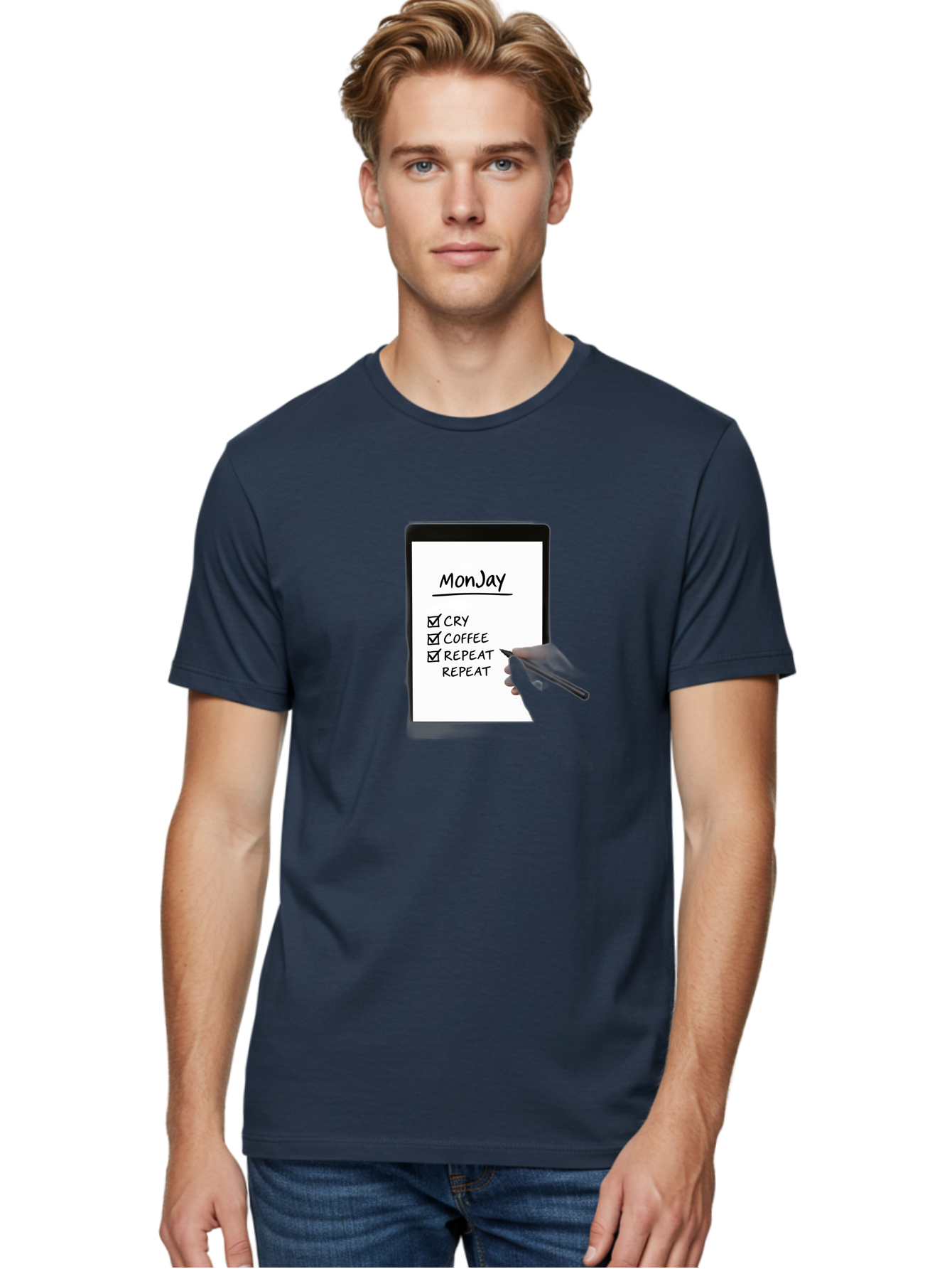 Monday-To-Do-List Men'S Graphic Tee, 100% Cotton, Comfortable Casual Summer Wear, Machine Washable, Monday To-Do List, Humorously Writing Task, Cry, Coffee, Repeat, Morning Routine Tasks, Checklist, Productivity, Task Management, Funny, Bae541