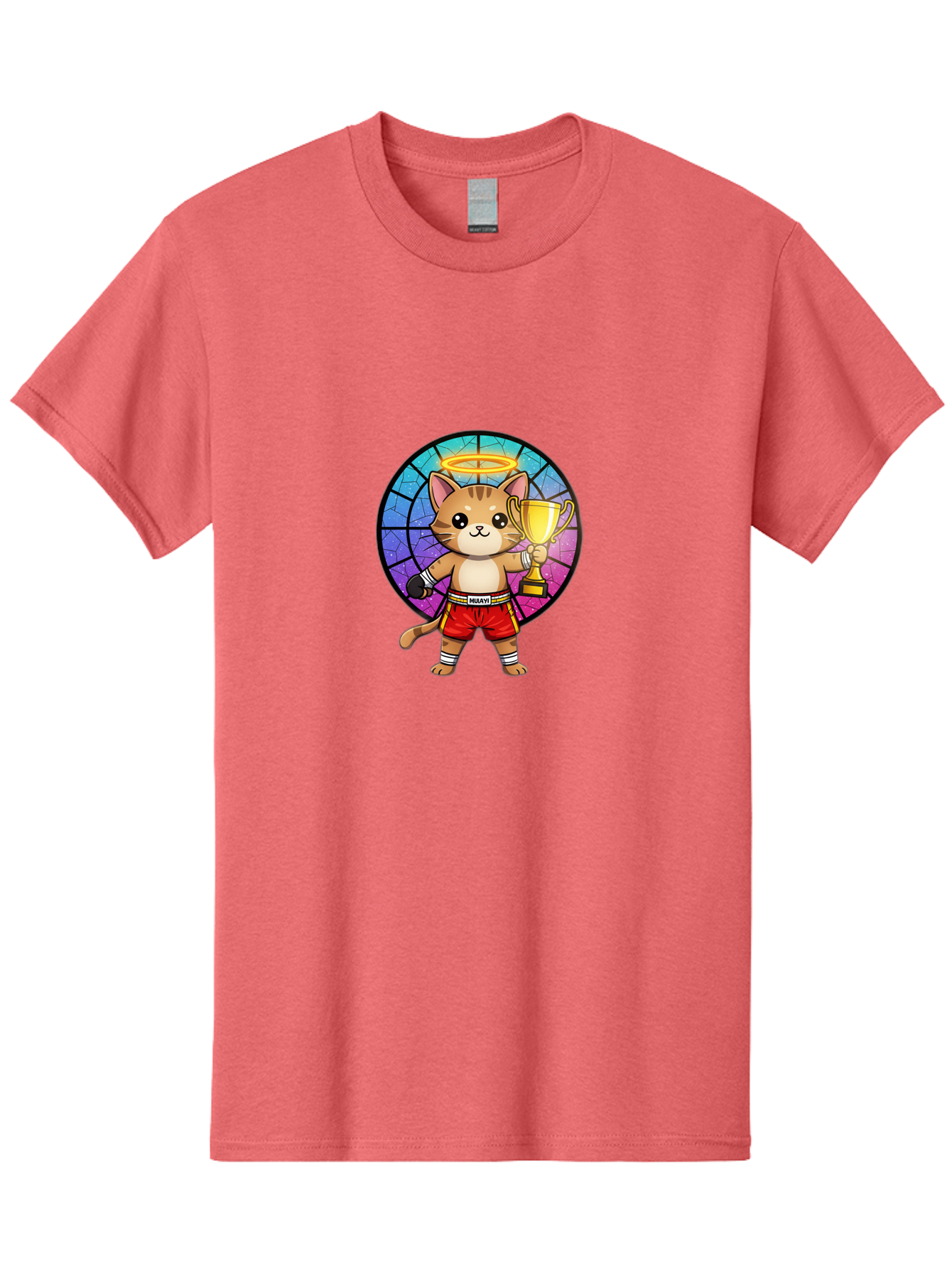 Muay-Cat-1 Men'S Graphic Tee, 100% Cotton, Comfortable Casual Summer Wear, Machine Washable, Cartoon Cat, Muay Thai Fighter, Gold Trophy, Boxing Gloves, Red Shorts, Champion, Victorious, Stained Glass, Halo, Whimsical Design, Funny Kitty, Bae544