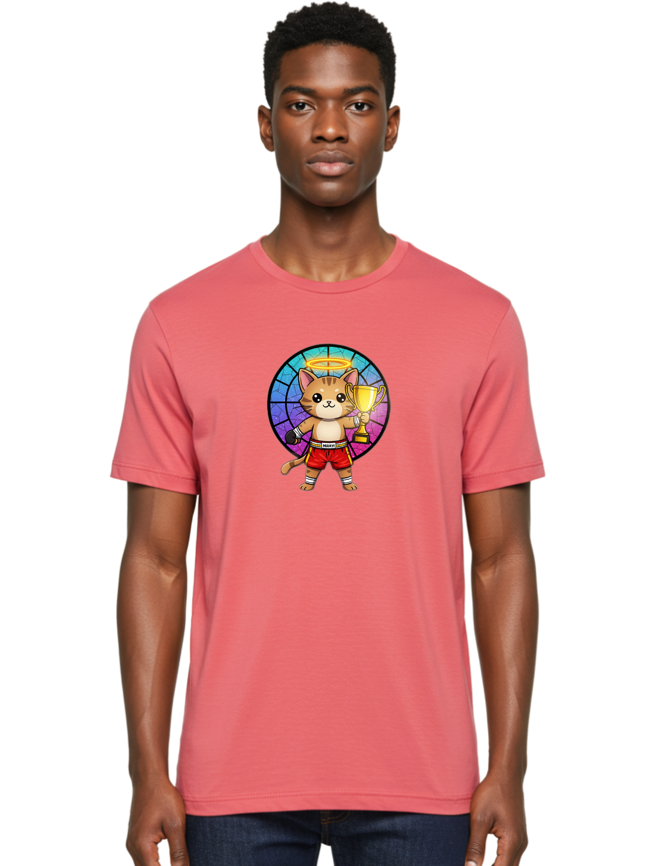 Muay-Cat-1 Men'S Graphic Tee, 100% Cotton, Comfortable Casual Summer Wear, Machine Washable, Cartoon Cat, Muay Thai Fighter, Gold Trophy, Boxing Gloves, Red Shorts, Champion, Victorious, Stained Glass, Halo, Whimsical Design, Funny Kitty, Bae544