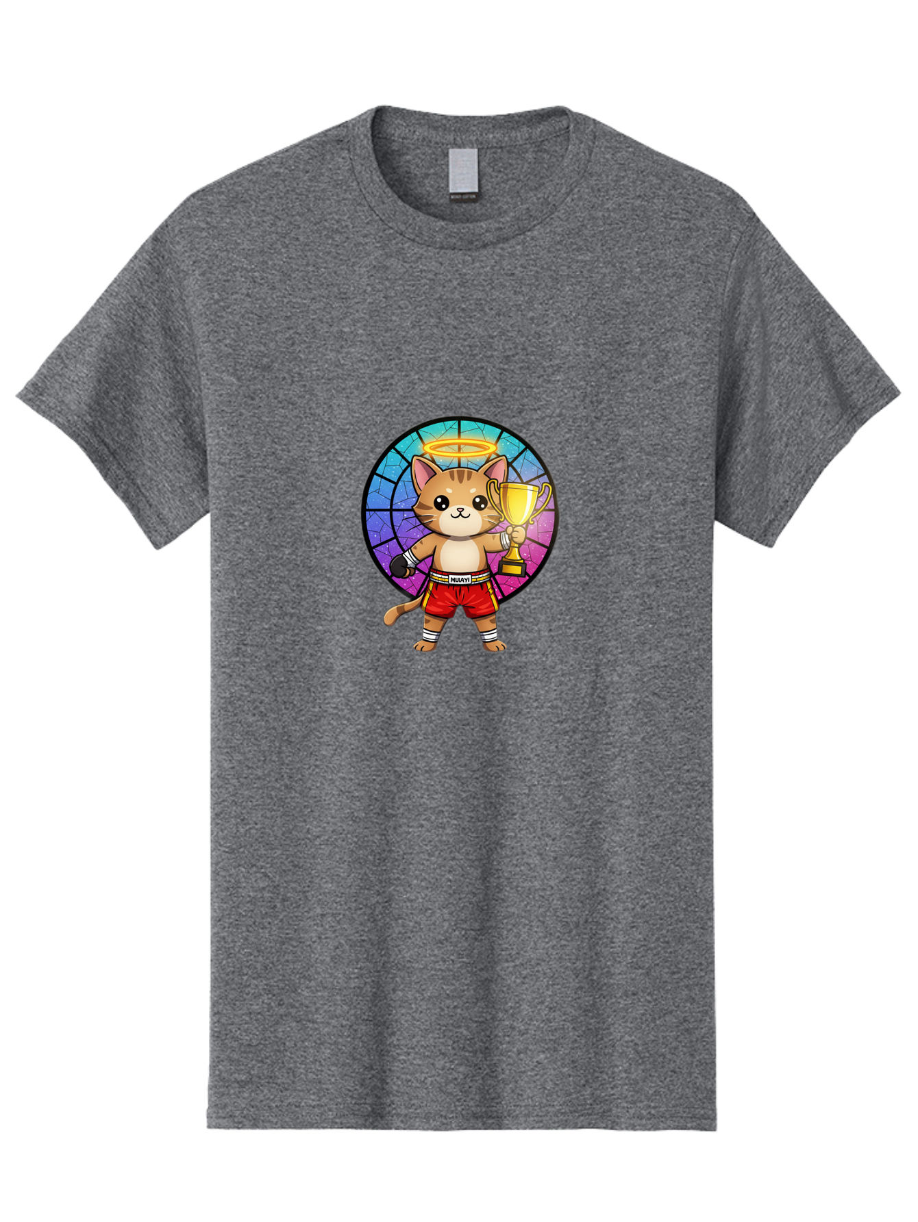 Muay-Cat-1 Men'S Graphic Tee, 100% Cotton, Comfortable Casual Summer Wear, Machine Washable, Cartoon Cat, Muay Thai Fighter, Gold Trophy, Boxing Gloves, Red Shorts, Champion, Victorious, Stained Glass, Halo, Whimsical Design, Funny Kitty, Bae544