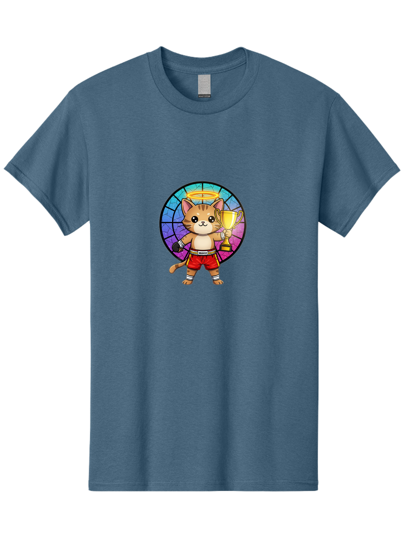 Muay-Cat-1 Men'S Graphic Tee, 100% Cotton, Comfortable Casual Summer Wear, Machine Washable, Cartoon Cat, Muay Thai Fighter, Gold Trophy, Boxing Gloves, Red Shorts, Champion, Victorious, Stained Glass, Halo, Whimsical Design, Funny Kitty, Bae544